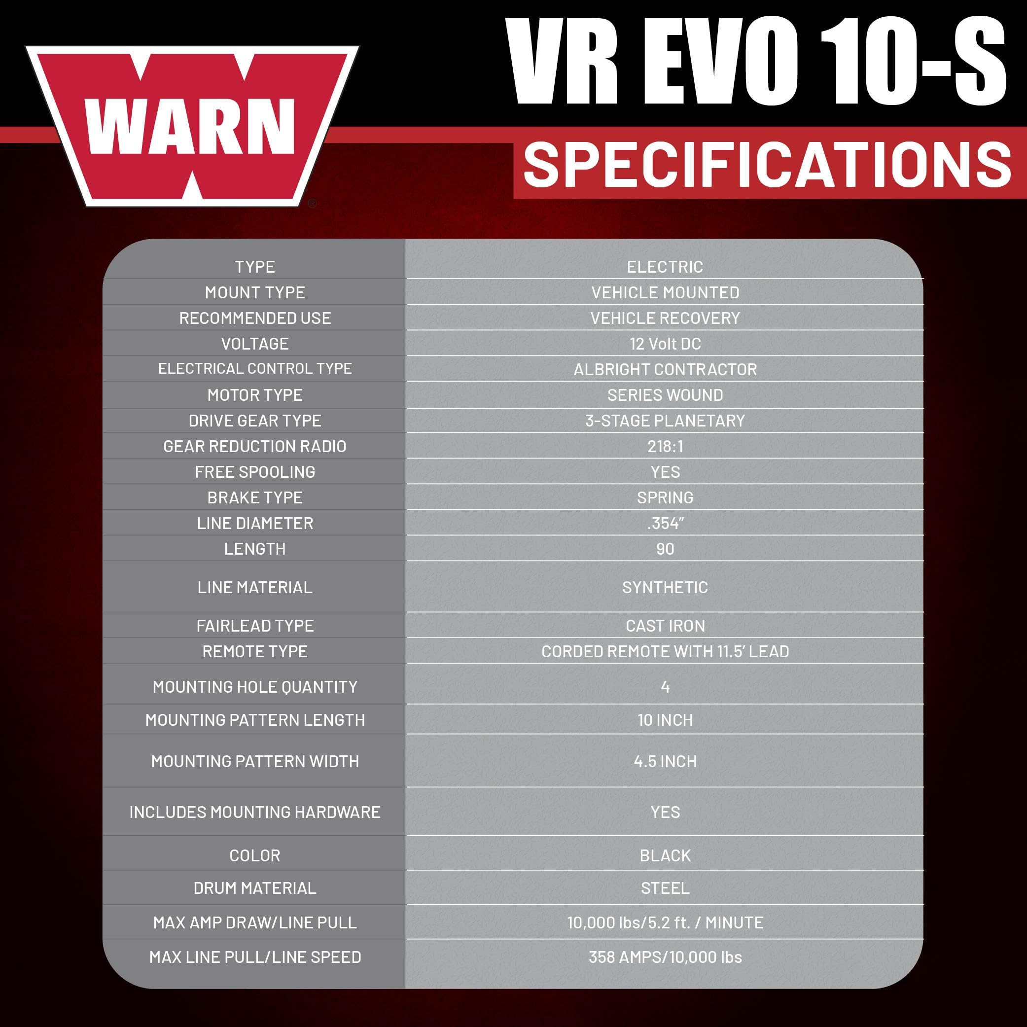 10-S WARN VR EVO Electric 12V Winch – 10,000 lb Pull Capacity, Synthetic Rope, IP68 Waterproof, High-Performance Off-Road Recovery Winch for Trucks, Jeeps, and SUVs