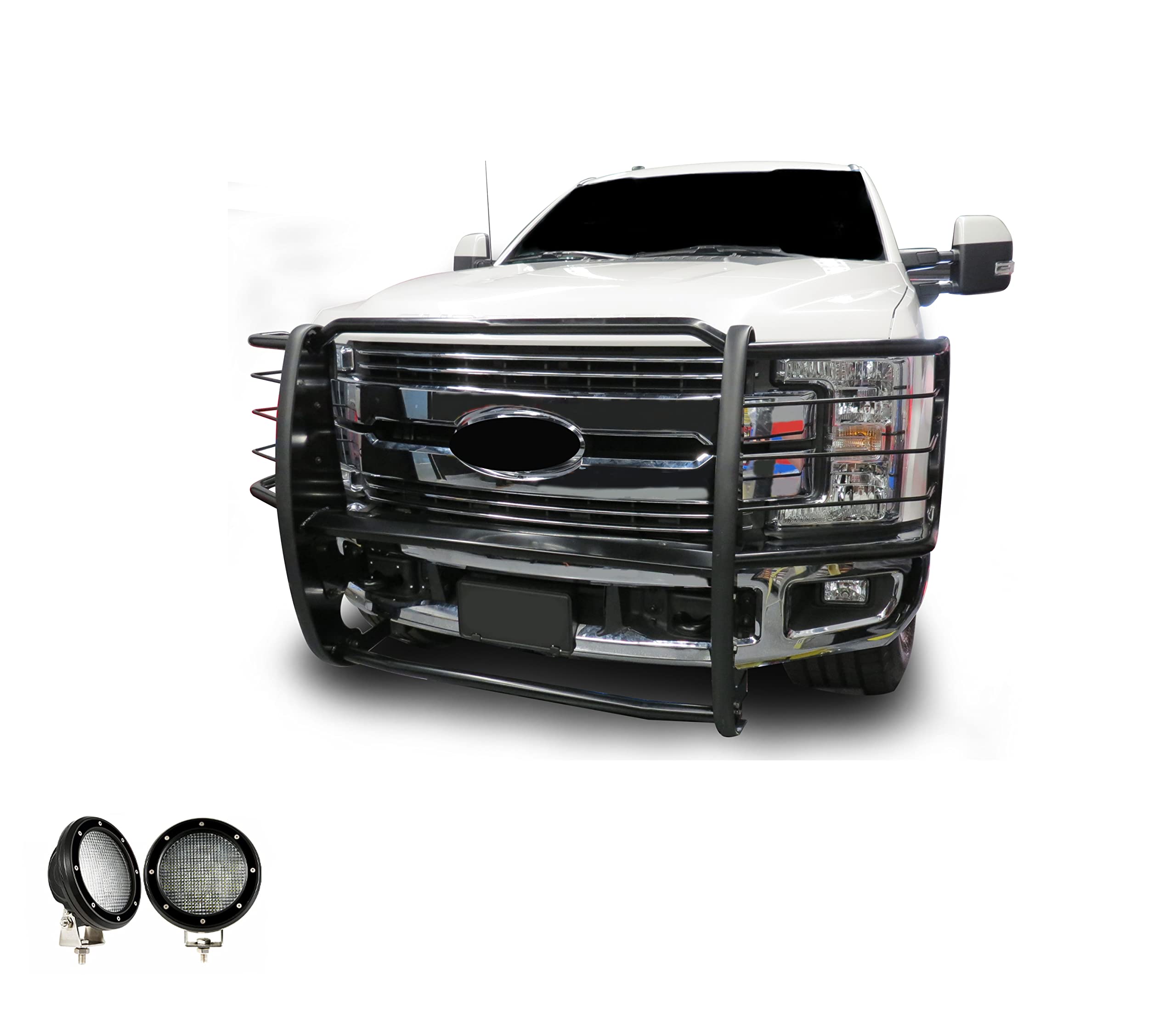 Bumper Guard Modular Black Black Horse Grille brush Come with Pair of 5.3"LED Light with Black Trim Rings Compatible with 2017-2023 Ford F-250/Ford F-350/Ford F-450/Ford F-550 Super Duty-17FB28MA-PLFB