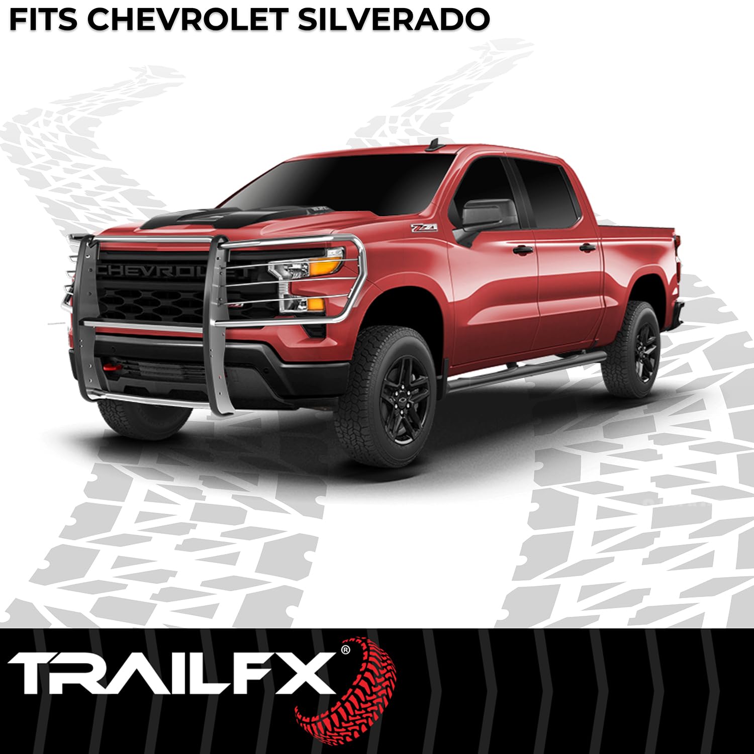 Grille Guard TrailFX E0047S, 1-Piece, Silver Polished, Stainless Steel, 1-1/2 Inch Diameter, with Brush Guard, Fits 2022-2025 Chevrolet Silverado 1500 (Tow Hooks Must Be Removed, If Equipped)