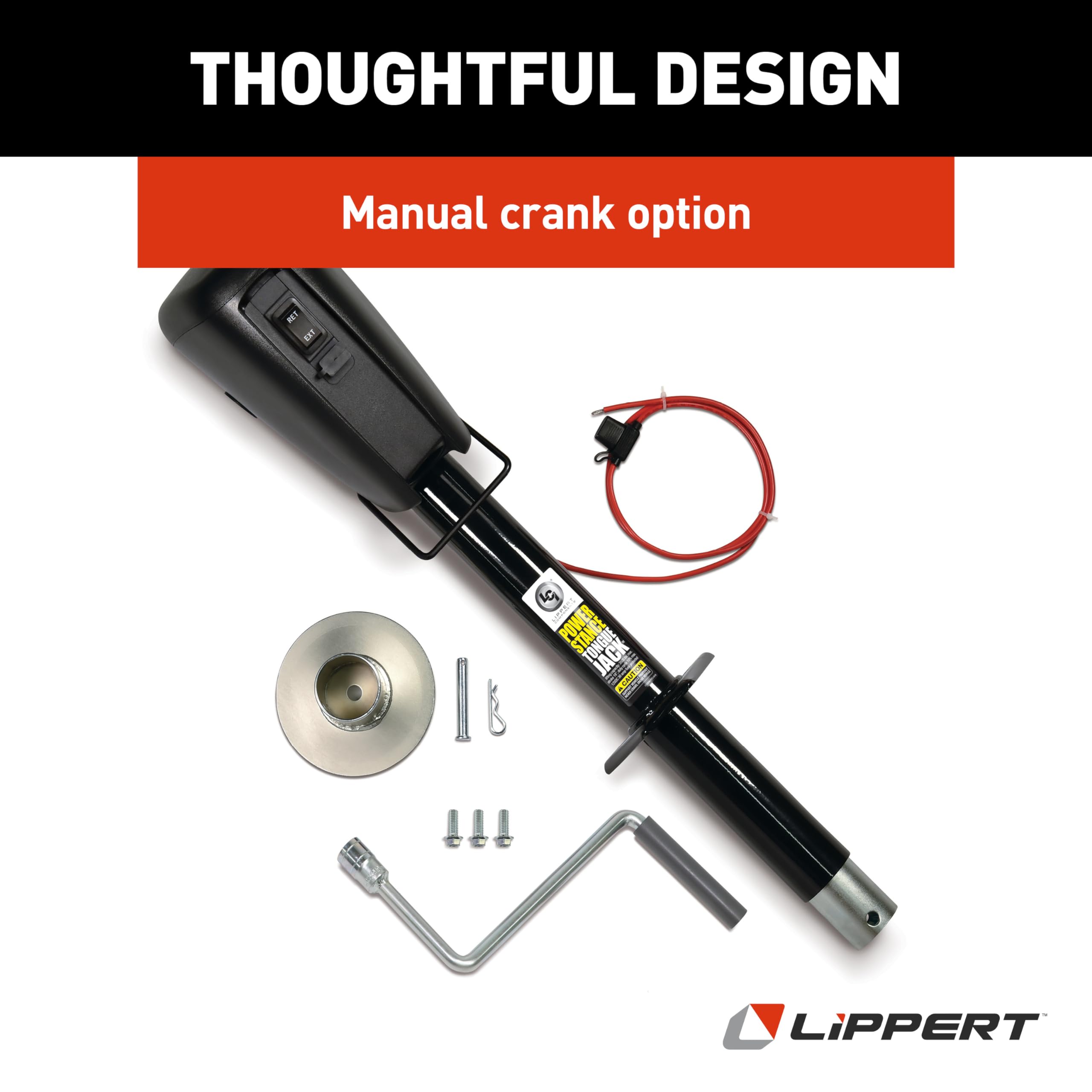 Power Stance Tongue Jack - Lippert Components with Optional 2-Way to 7-Way powering System for RVs