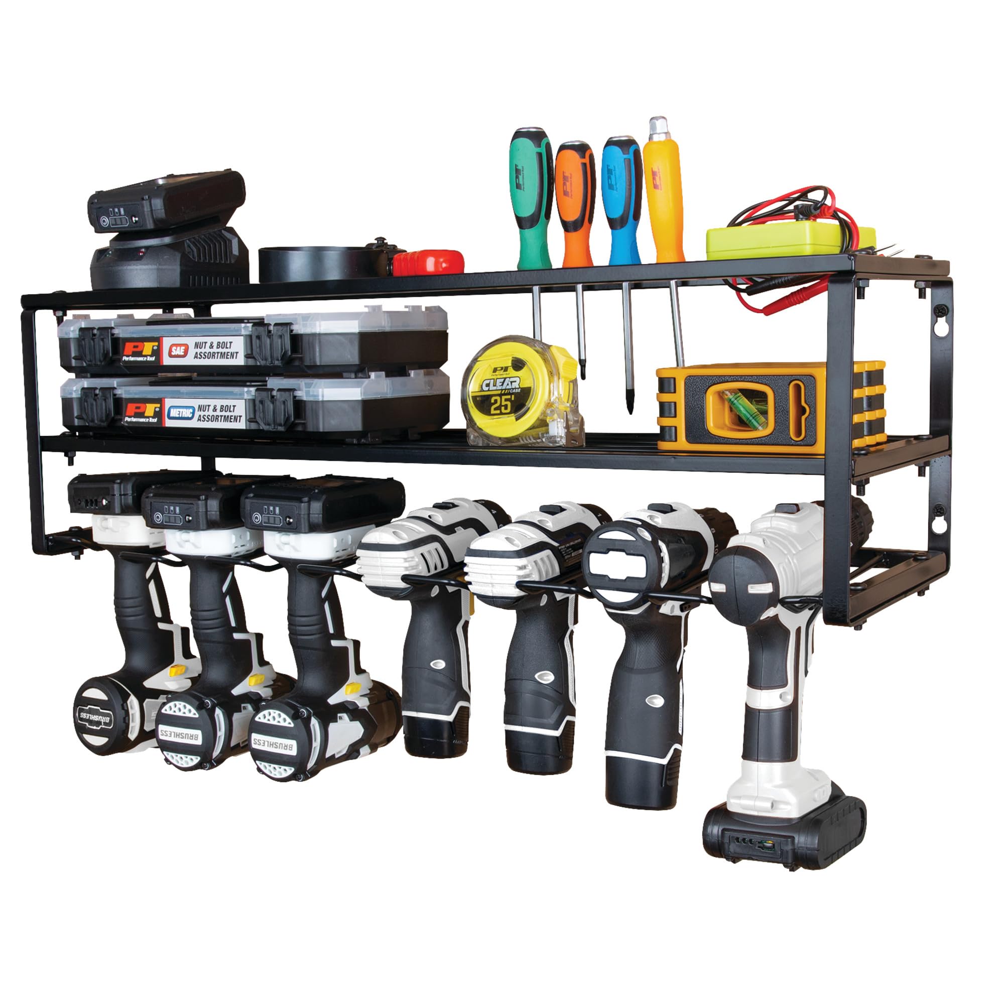 26" Performance Tool W7703 Power Tool Storage Rack, 9-Gauge Steel Frame, Fully Welded Shelves, Powder-Coated, Black