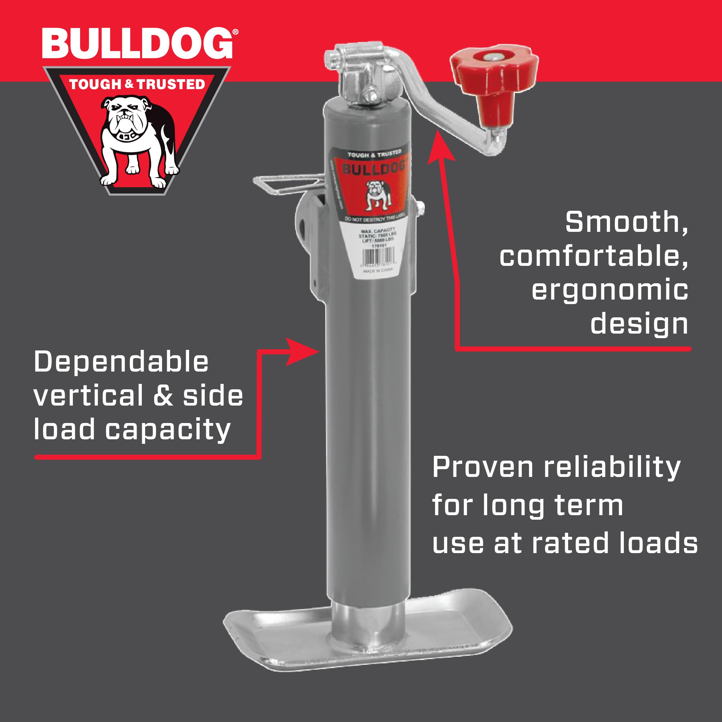 178101 Bulldog Round Trailer Jack, Side Mount, 5,000 lbs. Lift Capacity, Topwind, Weld-On, 10 Inch Travel