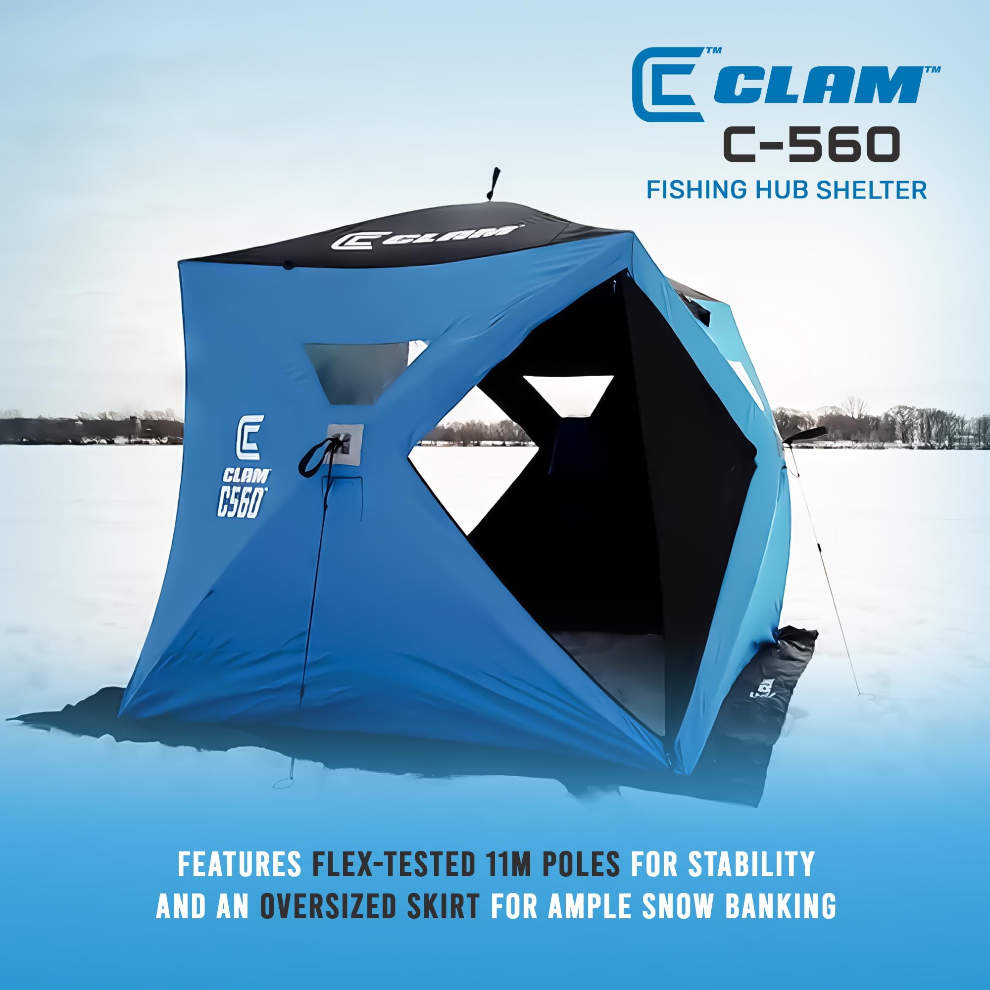 CLAM 14476 C-560 Portable Pop Up Ice Fishing Angler Hub Shelter Tent 3 to 4 Person 7.5 Foot with Anchors, Tie Ropes, and Carrying Bag