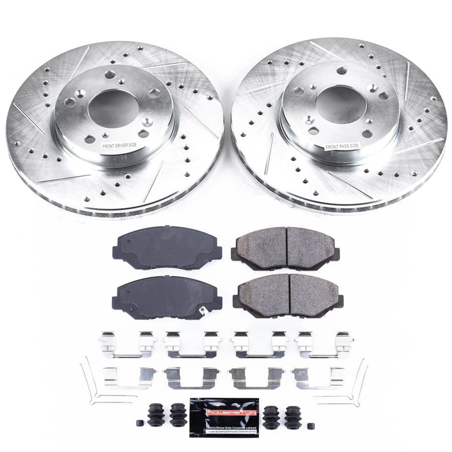 PowerStop Brake Kit Front For 2014 2015 Acura ILX, 2003-2012 Honda Accord, 2013-2021 Civic, 2016 CR-Z, 2003-2011 Element - Drilled and Slotted Disc Rotors with Ceramic Brake Pads Replacement, K1043