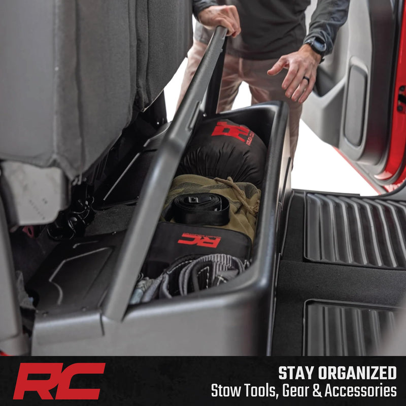 Rough Country Under Seat Lockable Storage for Chevy Silverado & GMC Sierra 1500/2500HD/3500HD Crew Cab (2019-2026 & Refresh) - Custom-Fit Rear Seat Organizer Tray