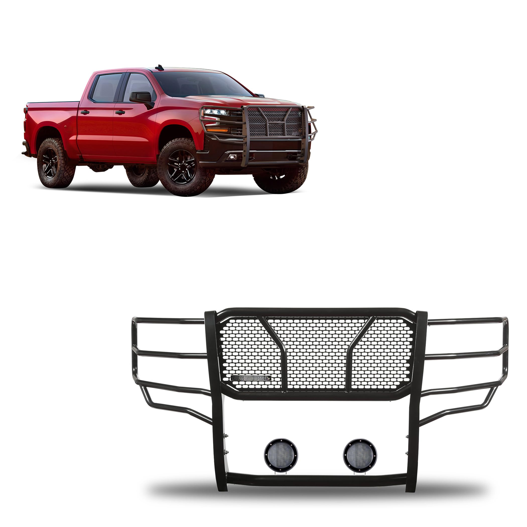 Heavy Duty Black Horse Rugged Grille Brush Bumper Guard Modular Black Come with Pair of 5.3" Dia.LED Lights with Black Trim Rings Compatible with 2019-2024 Chevrolet Silverado 1500-RU-CHSI19-B-PLFB
