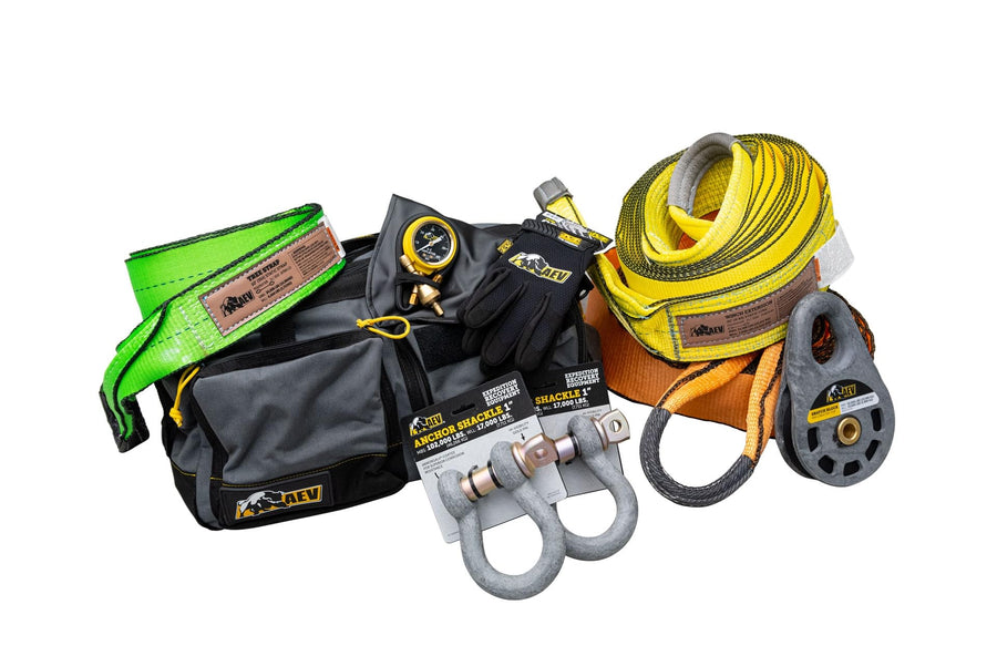 Full-Size AEV Trail Recovery Kit for Full Size Trucks and SUVs Includes 4" Strap + 4" Winch Extension Strap + Tire Delfator + Snatch Block + Tree Saver + 1" Anchor Shackles + More