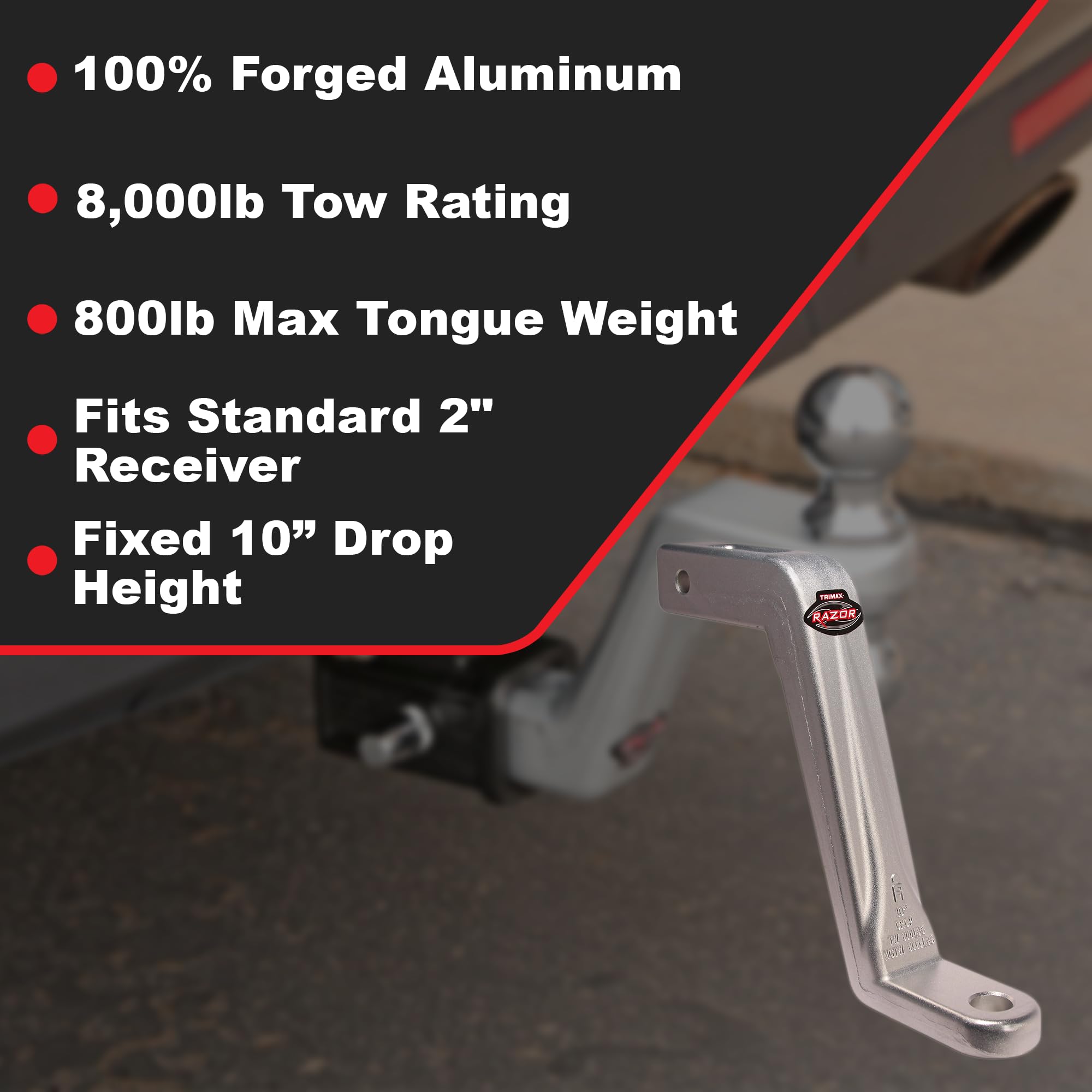 Trimax 10 Inch TRZ10ALFM Forged Aluminum Drop Hitch, Fixed Ball Mount Drop Hitch 2 Inch Receiver - 8,000 Ib Tow Rating, 800 lb Tongue Capacity