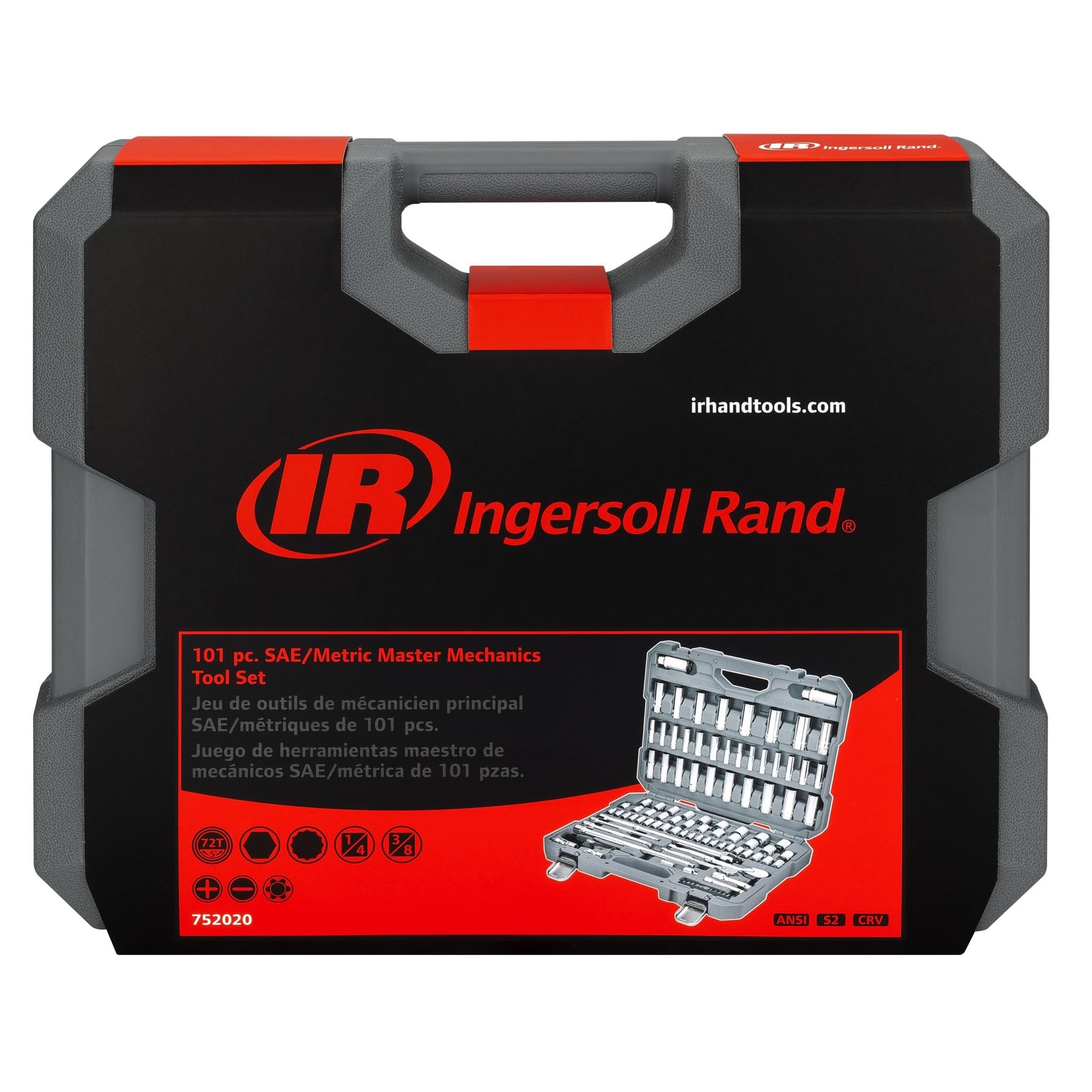 Ingersoll Rand 101 Piece Master Mechanics SAE/Metric Tool Set, Includes 1/4" & 3/8" Drive, 76 Sockets, 72-Tooth Seal-Head Ratchets, Tools & Accessories – 752020