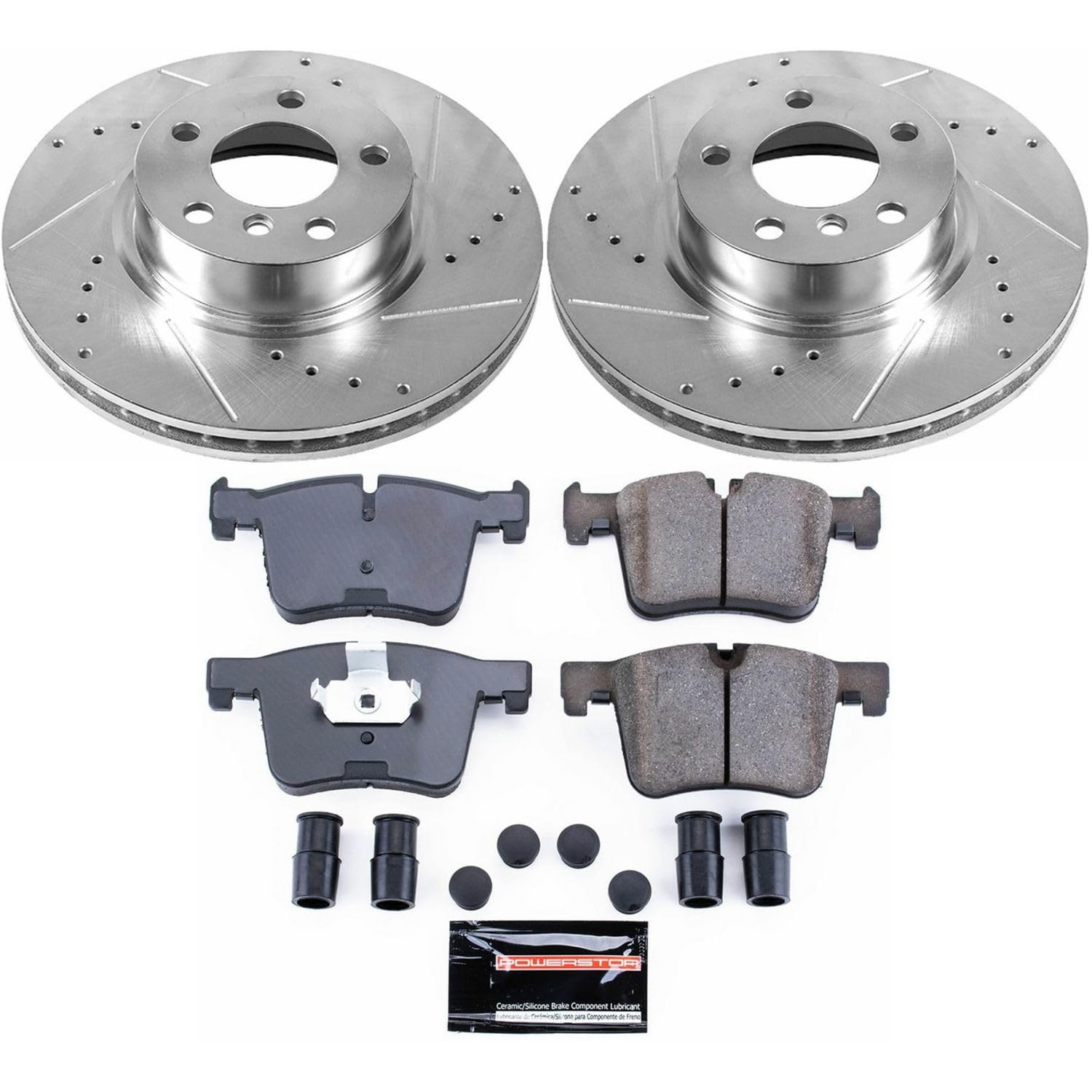 Power Stop K6038 Z23 Carbon Fiber Brake Pads with Drilled & Slotted Brake Rotors Kit and 1 Front Sensor Wire For BMW X3 2011-2017, BMW X4 2015-2018 [Model Specific]