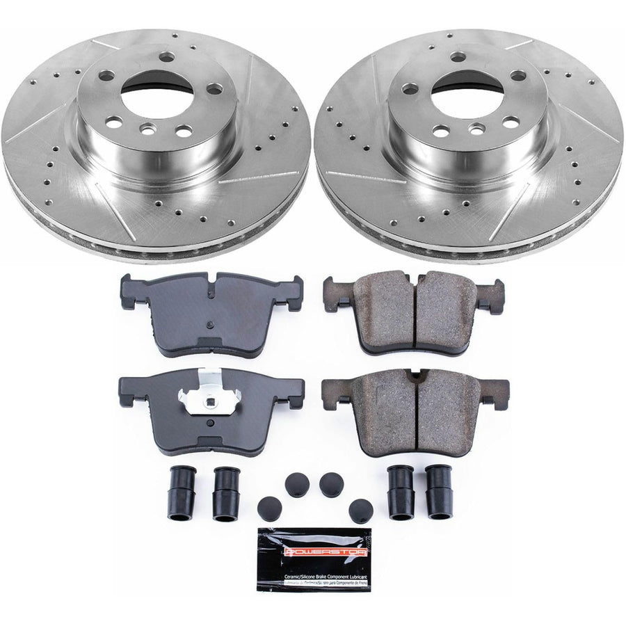Power Stop K6038 Z23 Carbon Fiber Brake Pads with Drilled & Slotted Brake Rotors Kit and 1 Front Sensor Wire For BMW X3 2011-2017, BMW X4 2015-2018 [Model Specific]