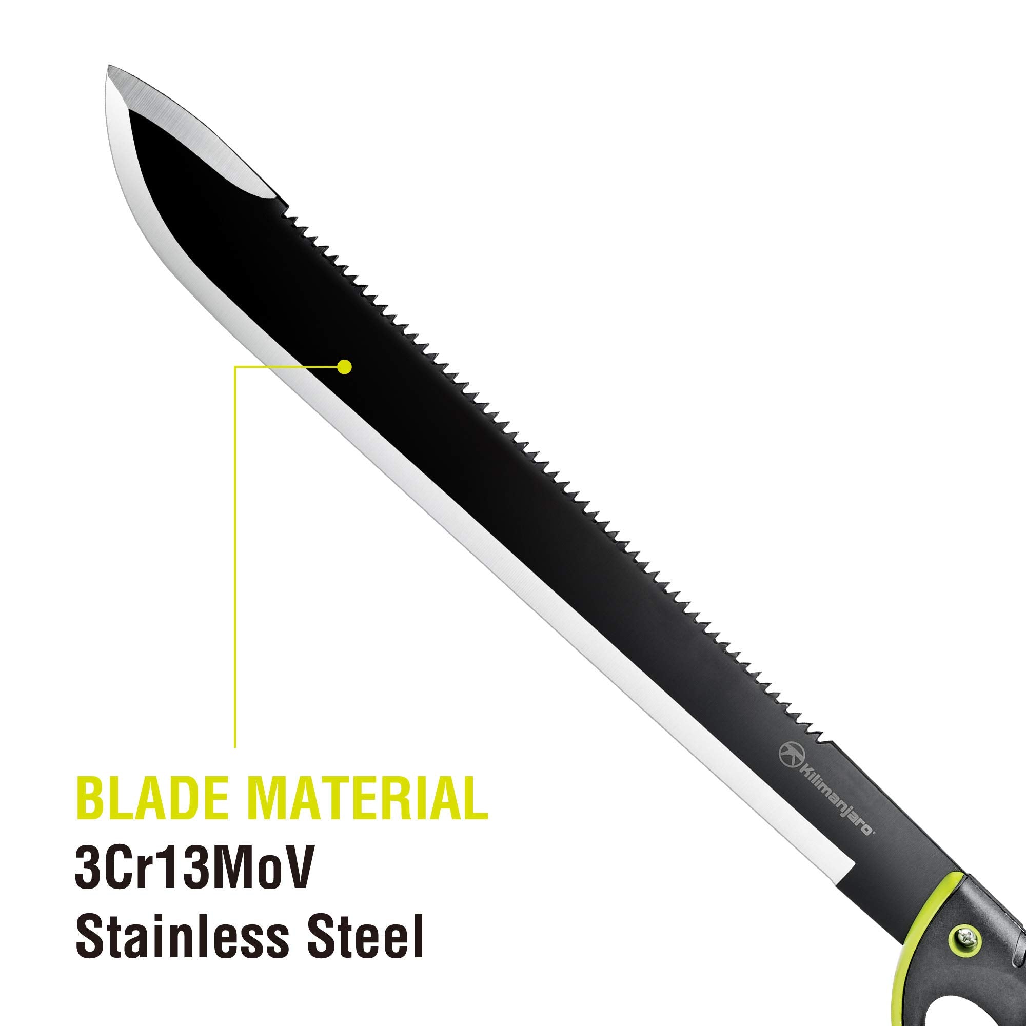 Kilimanjaro 24 Inch Serrated Machete Knife, Drop Point Tip to Saw Cut Branches, Clearing Brush, Gardening, Hiking, Outdoors Black Finish 910039