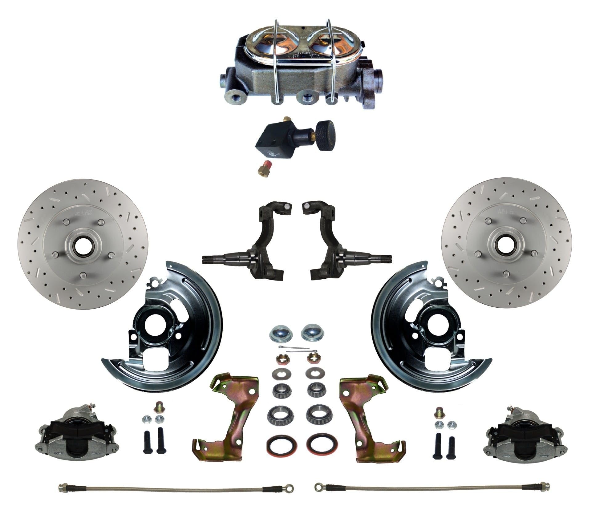 Manual LEED BRAKES Front Disc Brake Conversion Kit Cross Drilled And Slotted With Cast Iron Chrome Top M/C Adjustable Proportioning Valve
