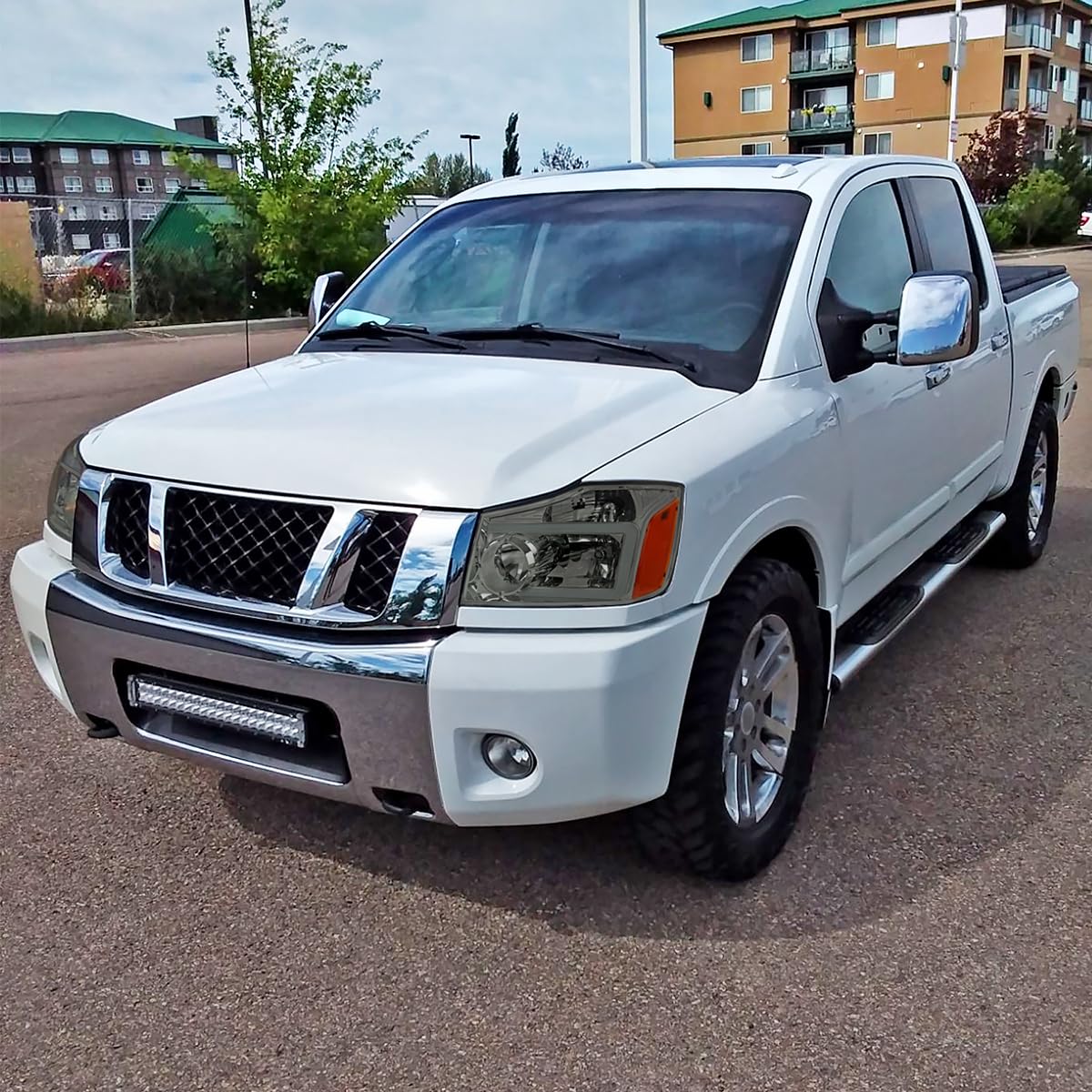Light Smoke Spec-D Tuning Headlights w/LED Light Bar Compatible with 2004-2015 Nissan Titan, 2004-2007 Armada, Left + Right Pair Headlamp Assembly