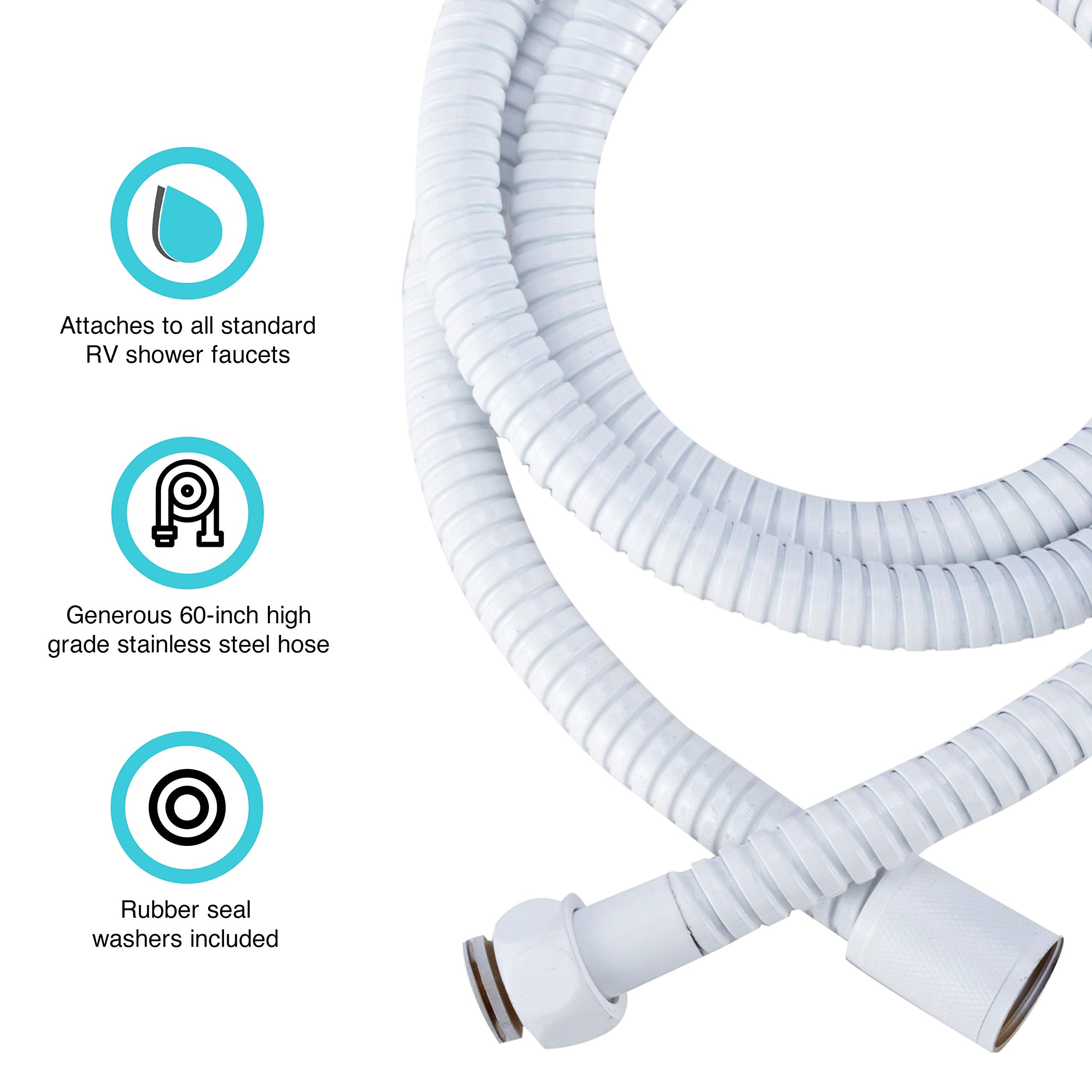 Dura Faucet RV DF-SA200-WT 60 inch Flexible Stainless Steel Handheld Shower Head Hose (White)