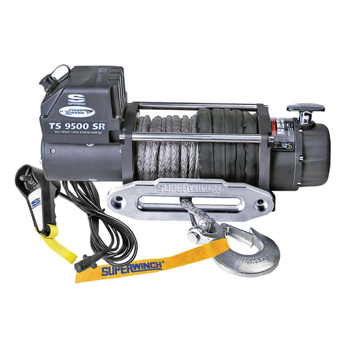 Tiger Shark SUPERWINCH 1595201 Winch with Aluminum Hawse and Synthetic Rope - 9500 lb. Load Capacity, Black
