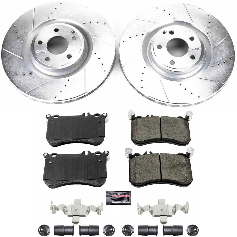 Power Stop K6886 Z23 Carbon Fiber Brake Pads Front with Drilled & Slotted Brake Rotors Kit and 1 Front Sensor Wire For Mercedes-Benz CLS550 2012-2018 [Model Specific]