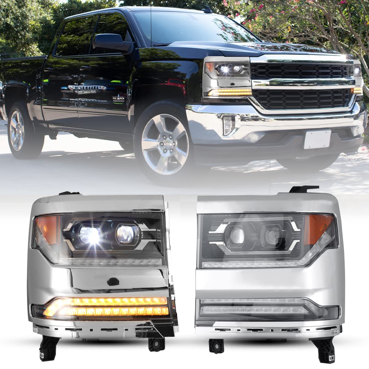 Headlight Assembly Winjet Fit For 2016 2017 2018 2019 Chevy Silverado 1500 Headlamp Replacement w/LED Sequential Turn Signal Light, DRL, High & Low Beam (Chrome Housing Clear Lens)