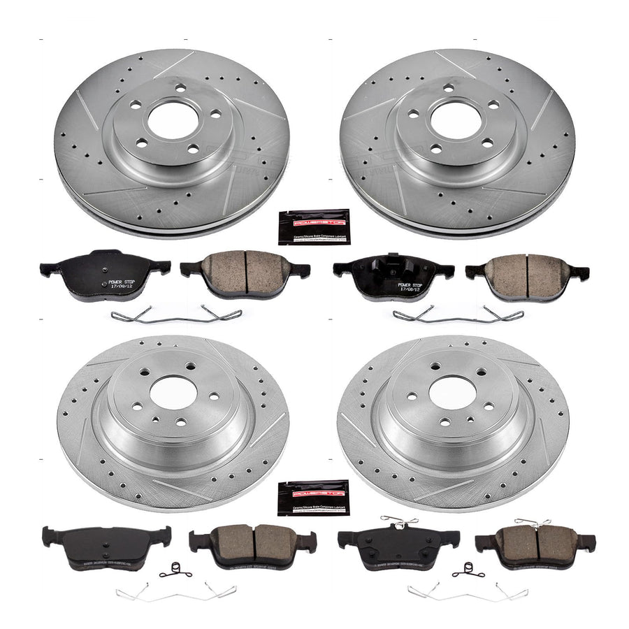 Power Stop K7571 Z23 Carbon Fiber Brake Pads Front and Rear with Drilled & Slotted Brake Rotors Kit For Ford Escape 2017-2019 [Model Specific]