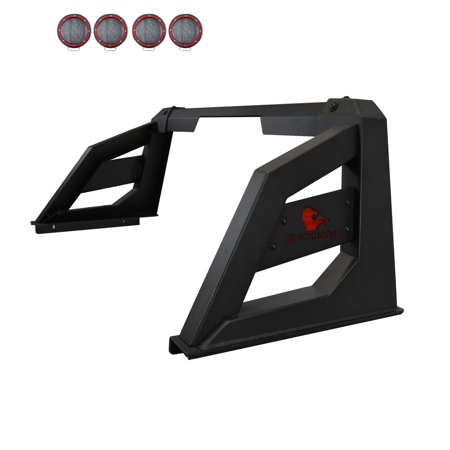 Armour Roll Bar Black Horse Incl. Set of 5.3" Dia.LED Lights w/Red Trim Rings Matte Black Compatible with 2005-2021 Nissan Frontier-ARB-NIFRB-PLFR