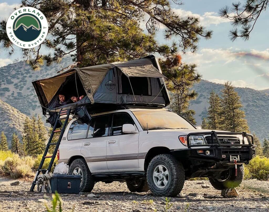 Bushveld II Overland Vehicle Systems Hard Shell Clam Shell Roof Top Tent with Aluminum Base Dark Grey Body and Green Rainfly - 2 Person Tent - Four Seasons Ready