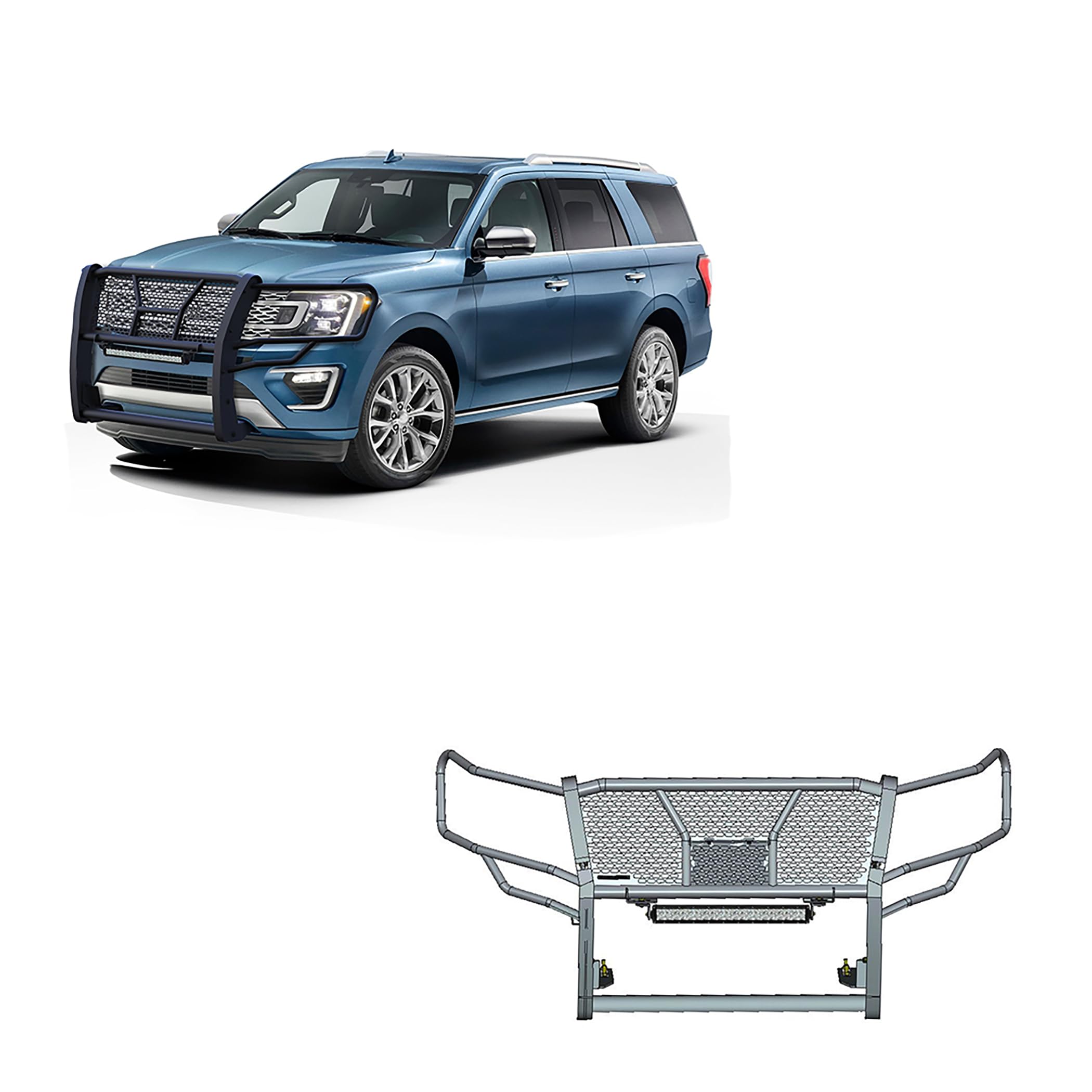 RUGGED Black Horse Heavy Duty Grille Brush Bumper Guard Modular Black Come with 20" Double Row LED Light Compatible with 2018-2024 Ford Expedition-RU-FOEX18-B-K1