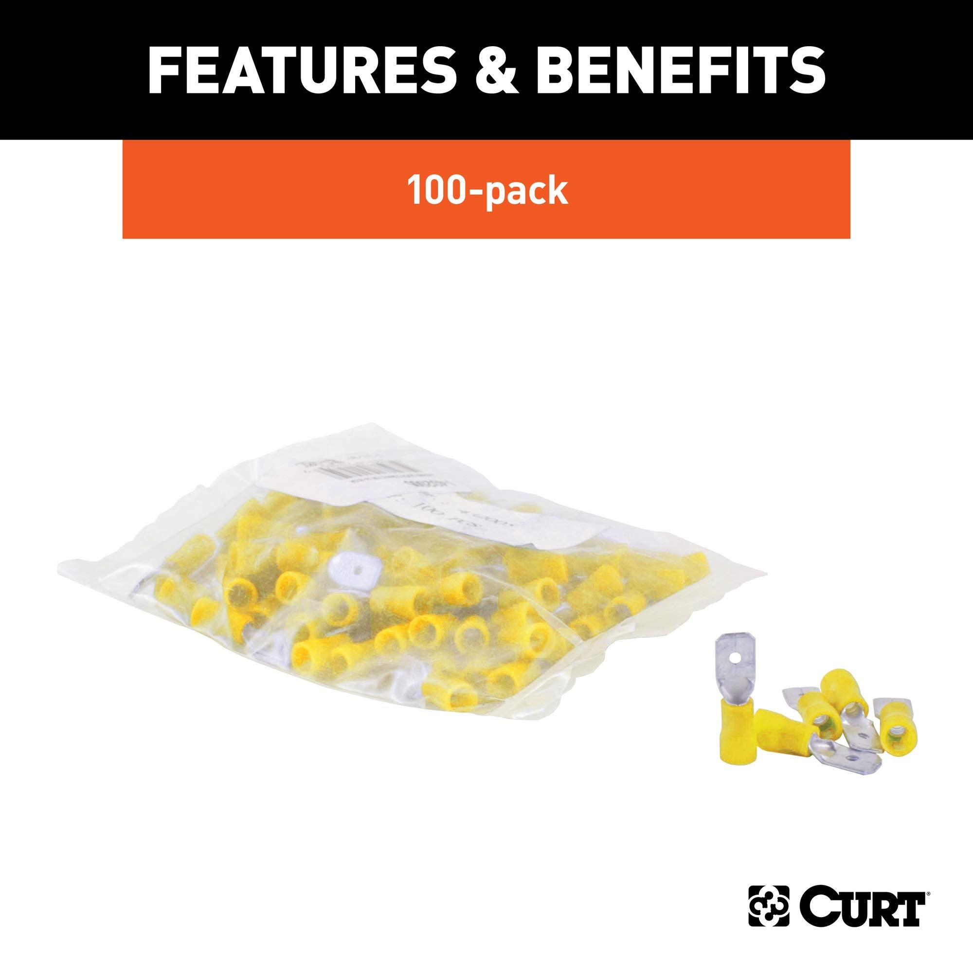 CURT 59433 Yellow Vinyl-Insulated 12-10 Gauge Male Wire Quick Connectors, 100-Pack