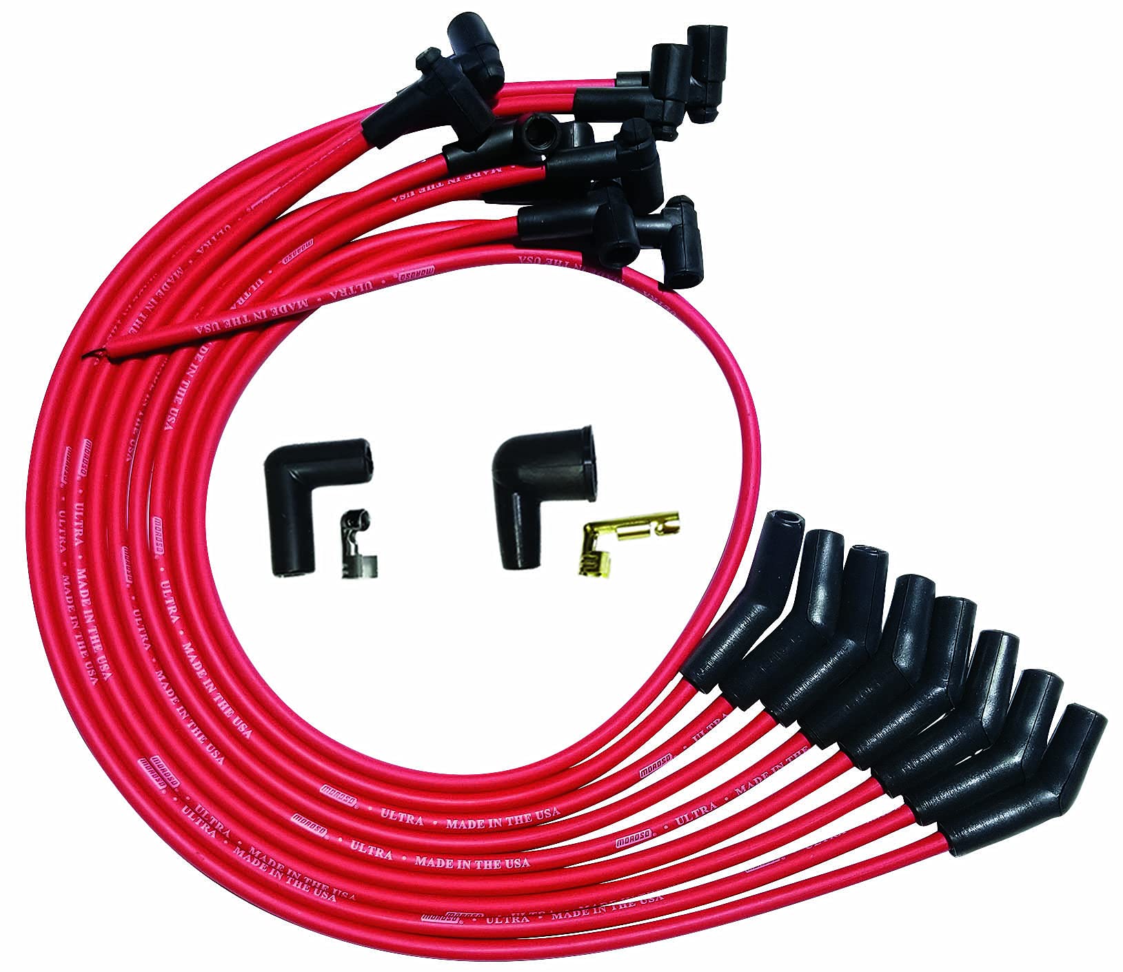 Moroso Ultra Series 52027 Red Spark Plug Wires, Small Block Chevy, Over Valve Cover Routing, 135 Degree Plug Ends, HEI Distributor