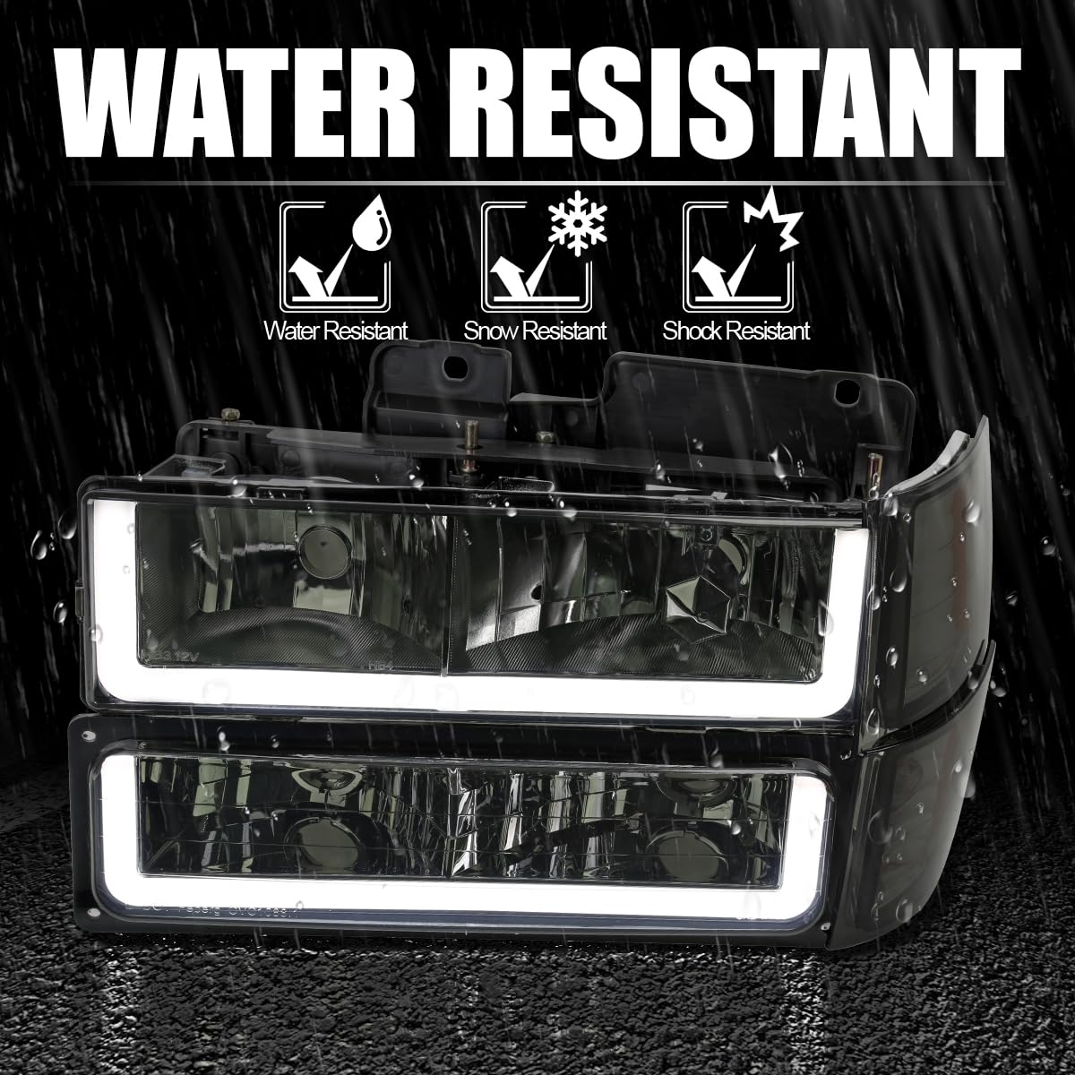 Chrome Housing Spec-D Tuning Smoke Lens Headlights Bumper Lamps w/LED Tube Compatible with 1994-1998 Chevy C10 C/K 1500/2500/3500 Left + Right Pair Headlamps Assembly
