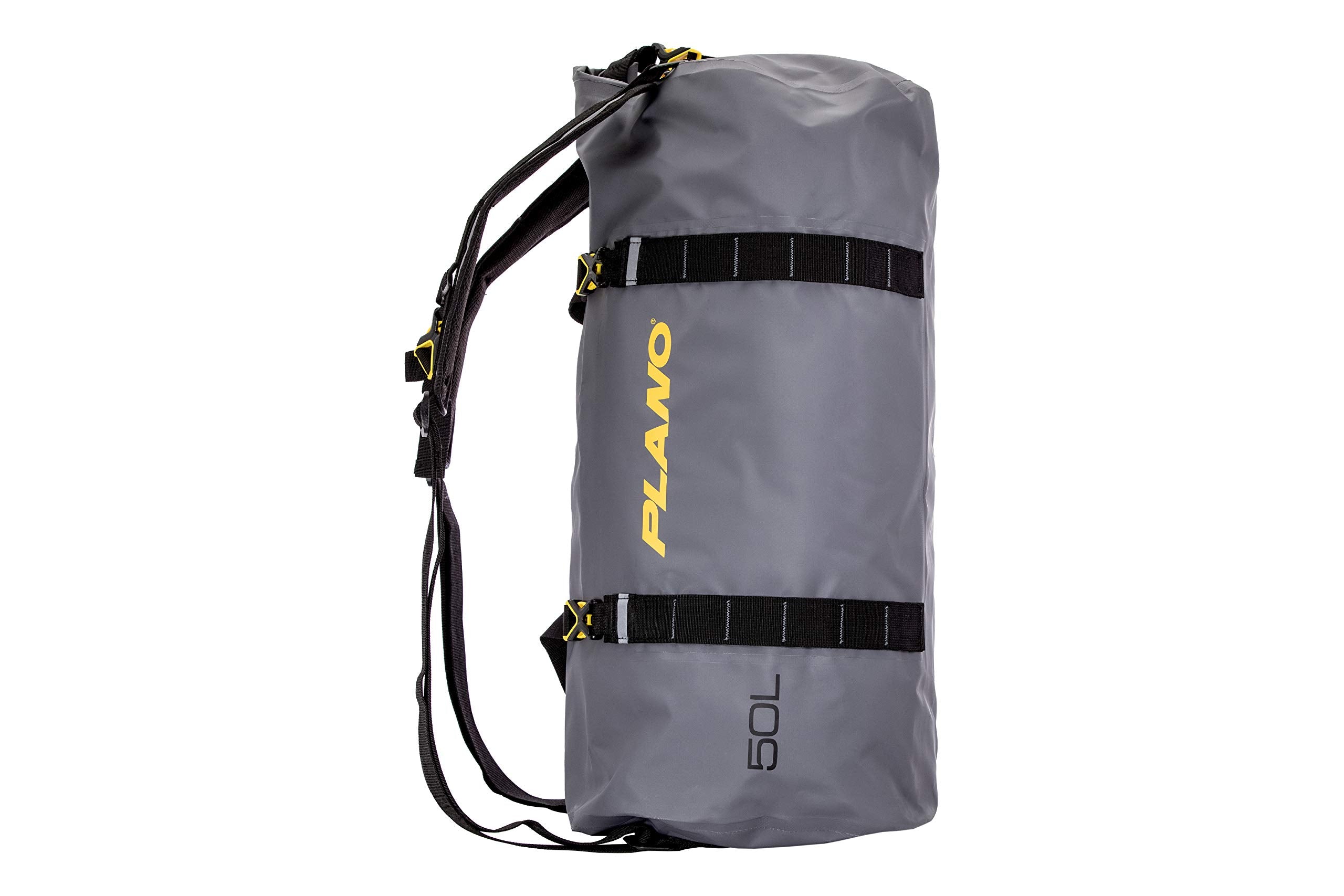Z-Series Plano Roll-Top Waterproof Duffel with Backpack Straps, Gray with Yellow Accents, 500D PVC Fabric Fishing Dry Bag, Soft Fishing Duffel Bag Storage