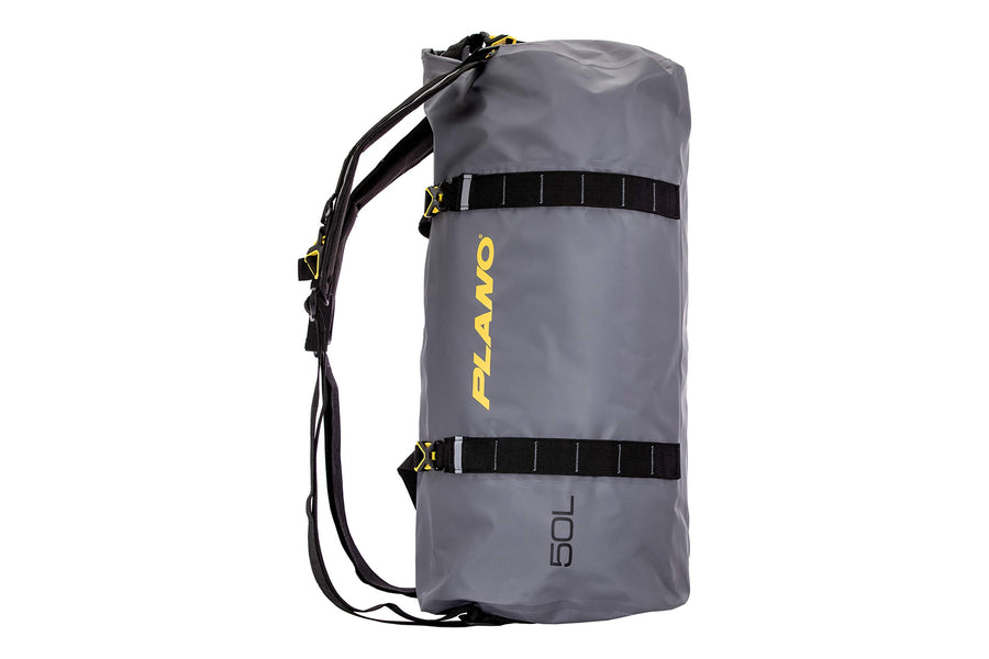Z-Series Plano Roll-Top Waterproof Duffel with Backpack Straps, Gray with Yellow Accents, 500D PVC Fabric Fishing Dry Bag, Soft Fishing Duffel Bag Storage