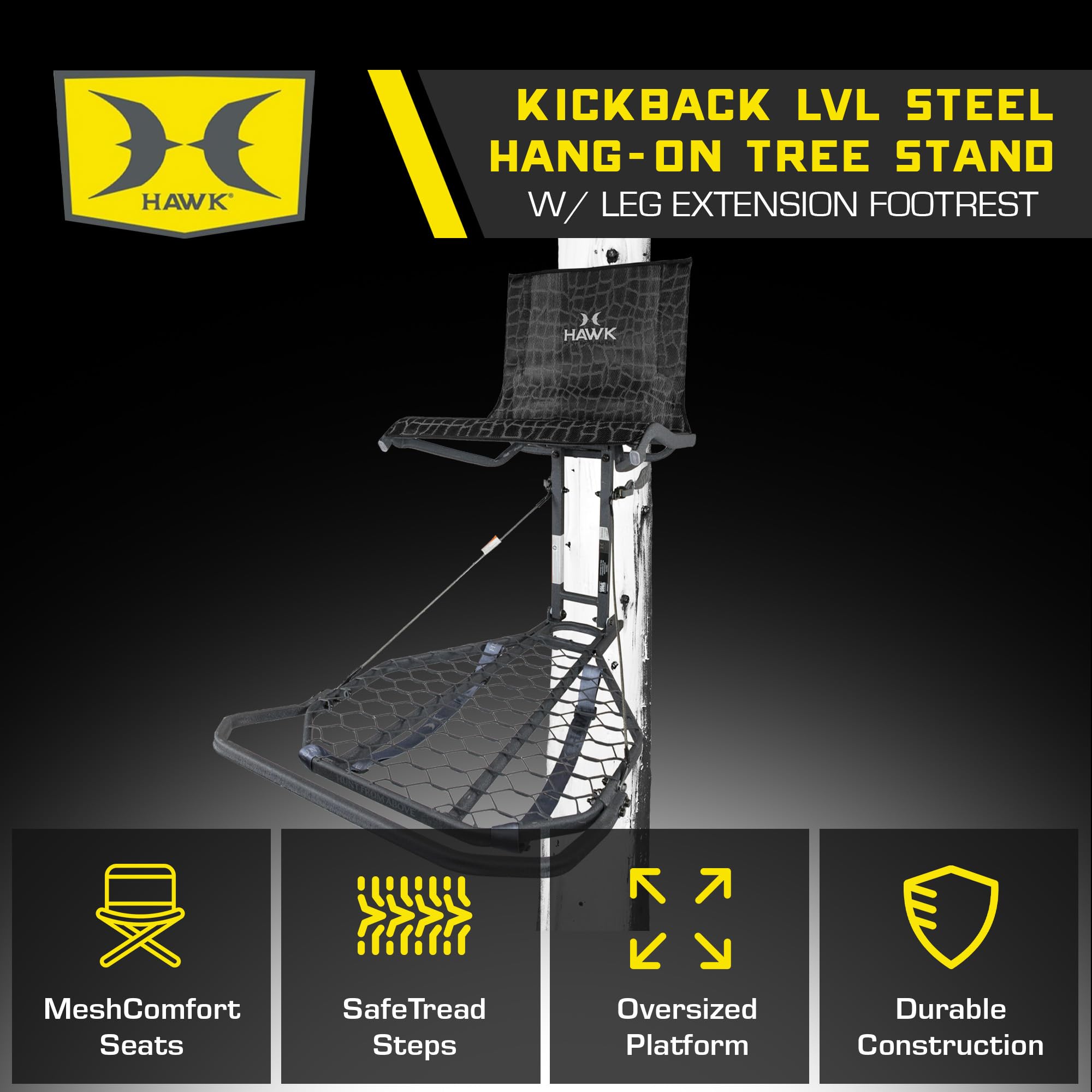 Hawk LVL Kickback Hang-On Deer Hunting Tree Stand, Deer Stand with Kick Back Footrest, XL Comfort Seat and Oversized Platform