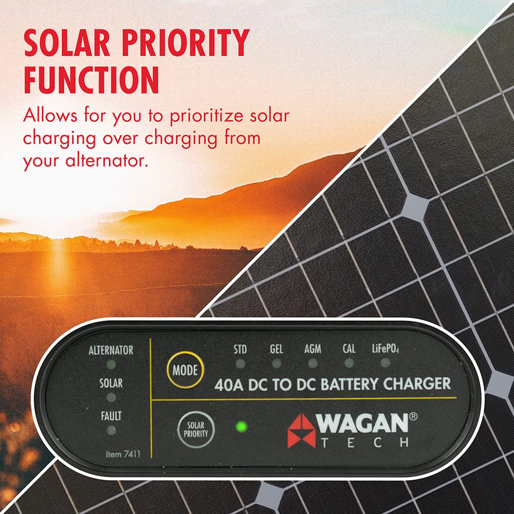 Wagan 12V EL7411 40A DC to DC Battery Charger with Solar Input MPPT Controller for SLA, Flooded, Gel, AGM, Calcium and Lithium, Using Multi-Stage Charging in RVs, Vehicles, Boats and Yachts
