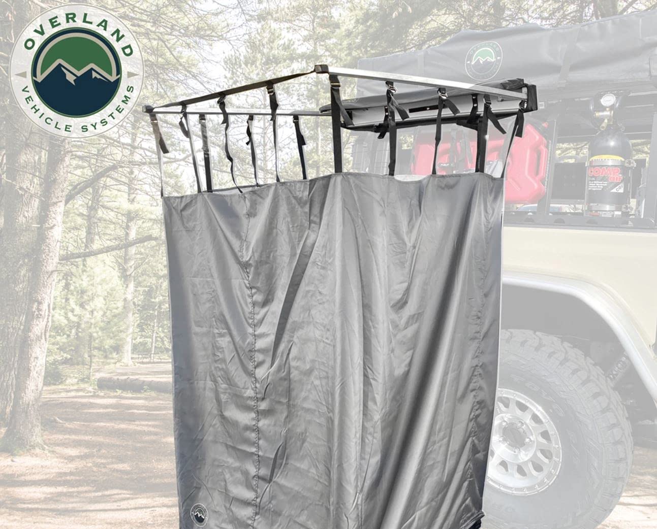 Overland Vehicle Systems Nomadic HD Car Side Shower Room With Black 1000G PVC Travel Cover, Universal L - Brackets, Dark Grey Body with Silver Inner Lining