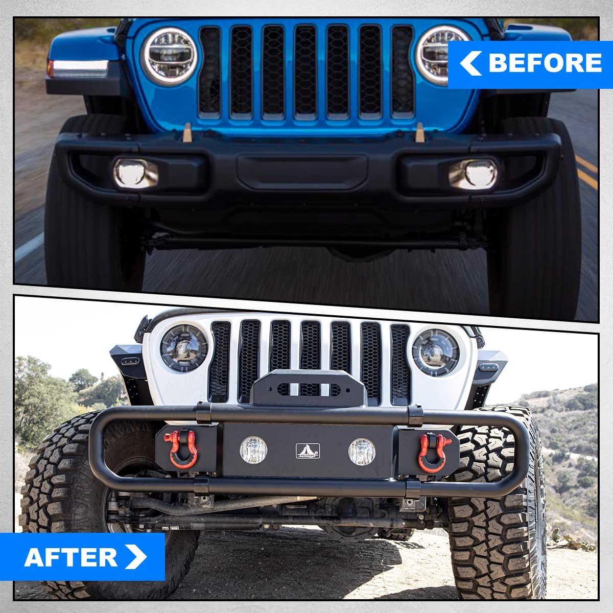 Front Bumper WolfX Fit For 2007-2018 Jeep Wrangler JK/JKU Retractable Front Bumper For 2018-2026 Jeep Wrangler JL/JLU, Steel Bumper For 2019-2026 Gladiator JT w/ 2 x D-Ring Shackles
