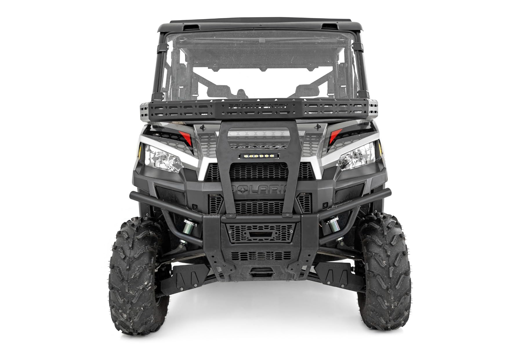 Rough Country Cargo Rack Kit Front for Polaris Ranger XP 900/XP 1000 - Rugged Design with 6" Slimline LED Light Bar & Mesh Tie-Down Panels