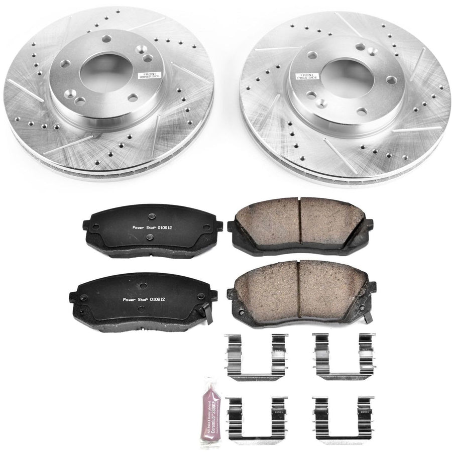 Power Stop K5851 Z23 Carbon Fiber Brake Pads with Drilled & Slotted Brake Rotors Kit For Kia Rondo 2007-2010 [Model Specific]