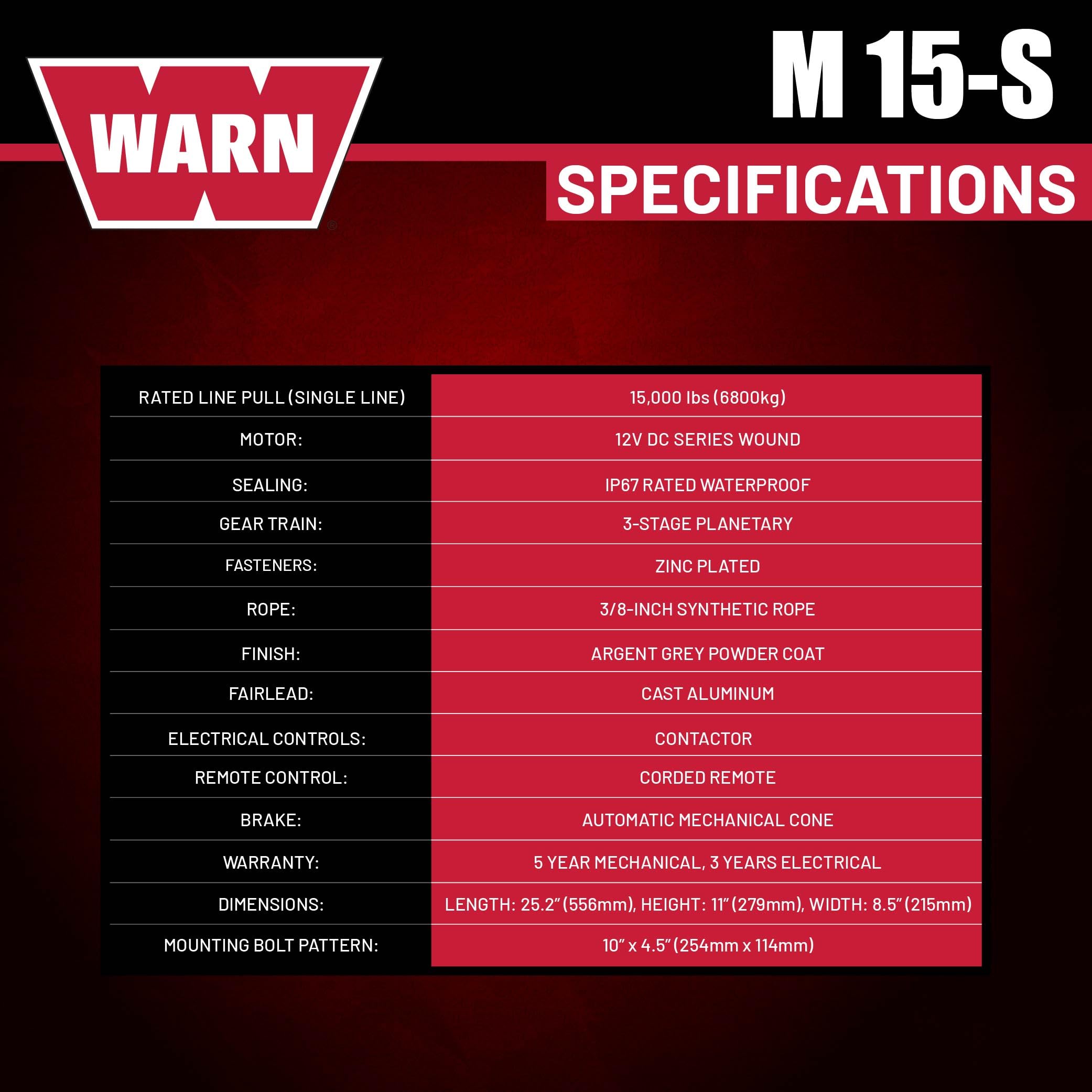 M15-S WARN Electric 12V Heavyweight Winch – 15,000 lb Pulling Capacity, Synthetic Rope, Sealed Motor, IP68 Waterproof, All-Metal Gear Train for Off-Road & Industrial Recovery