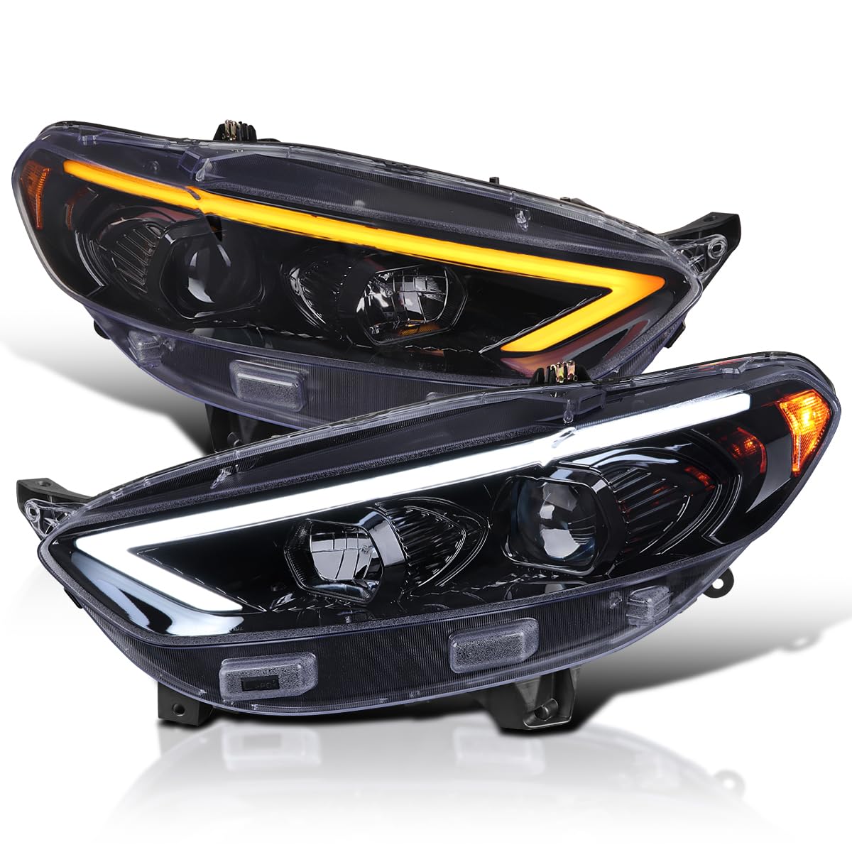 Black Smoke SPEC-D TUNING Projector Headlights w/Sequential Switchback LED Tube Signal Compatible with 2013-2016 Ford Fusion, Left + Right Pair Headlamp Assembly