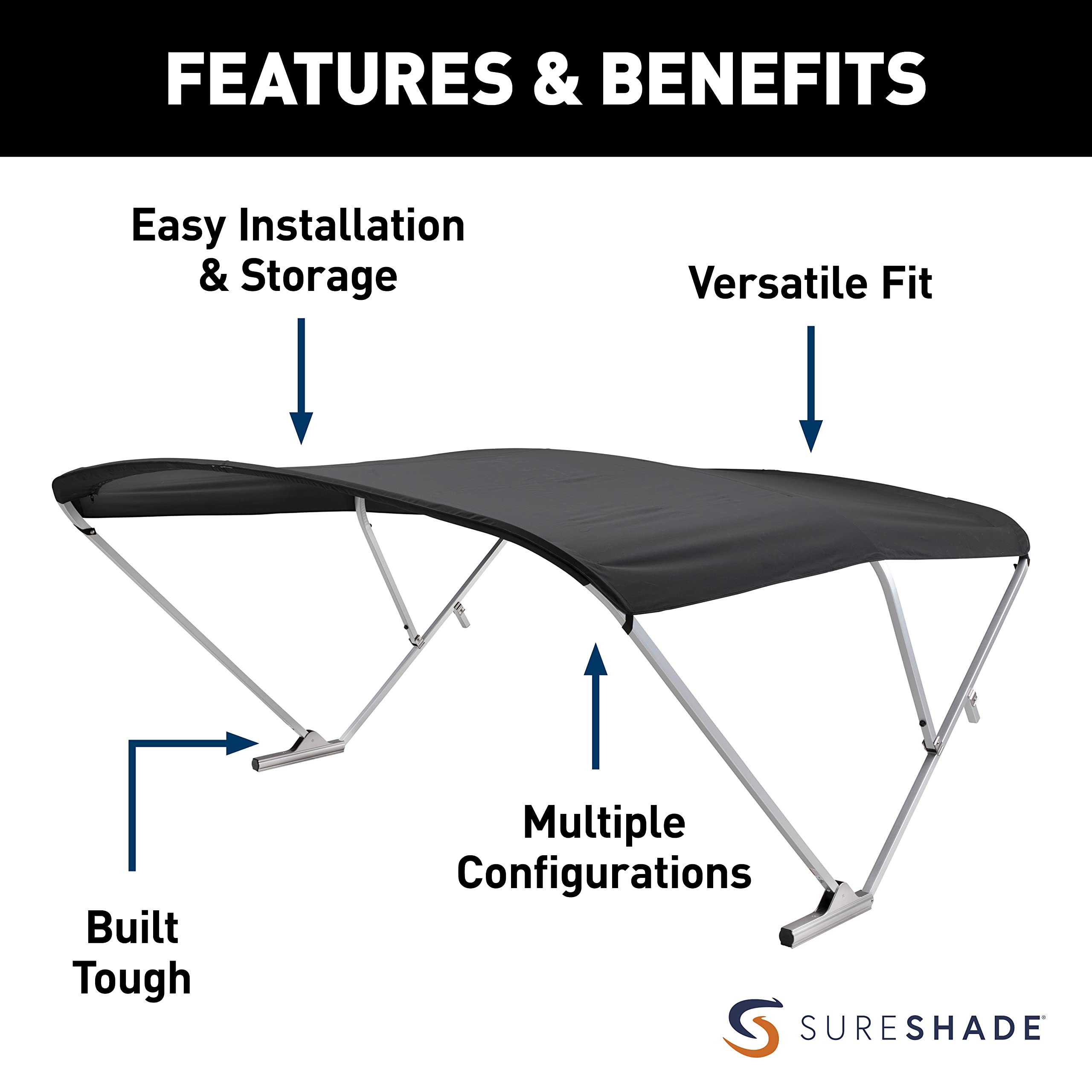 Pontoon Power Bimini Top SureShade fits 92-102" W, Clear Anodized Aluminum Frame, 10' Marine-Grade Canvas, Rail Mounted Controller, Bluetooth® Capability, Quick Connect Install, Black – 2024050714