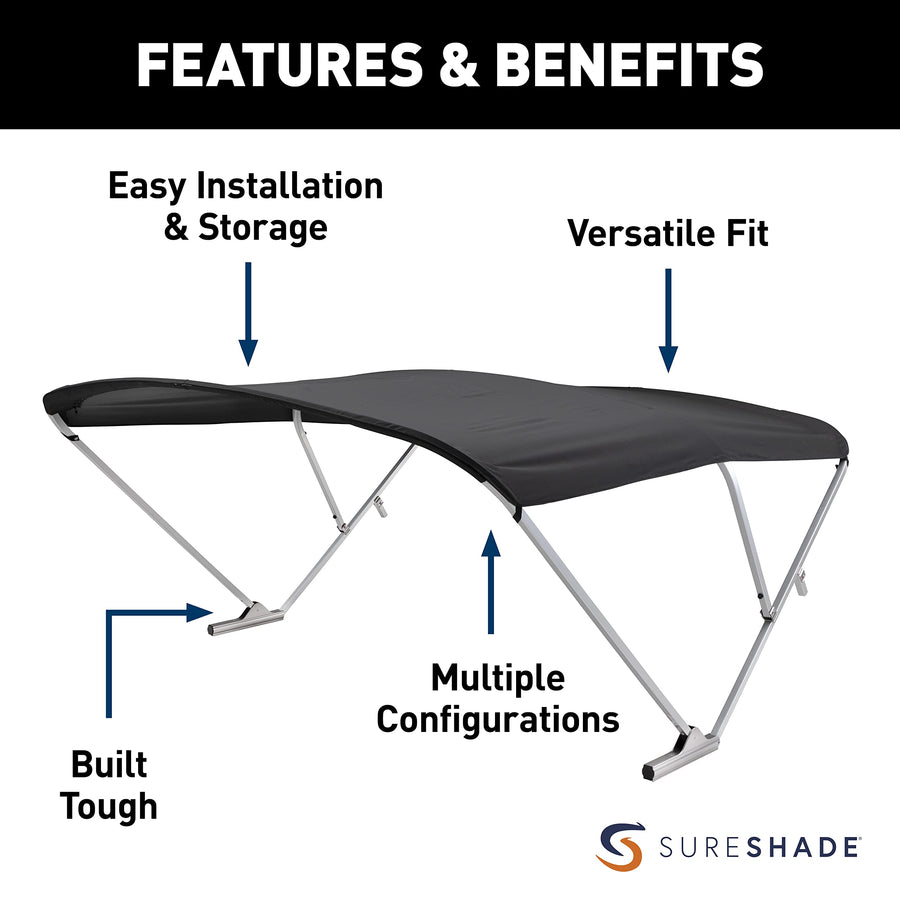 Pontoon Power Bimini Top SureShade fits 92-102" W, Clear Anodized Aluminum Frame, 10' Marine-Grade Canvas, Rail Mounted Controller, Bluetooth® Capability, Quick Connect Install, Black – 2024050714