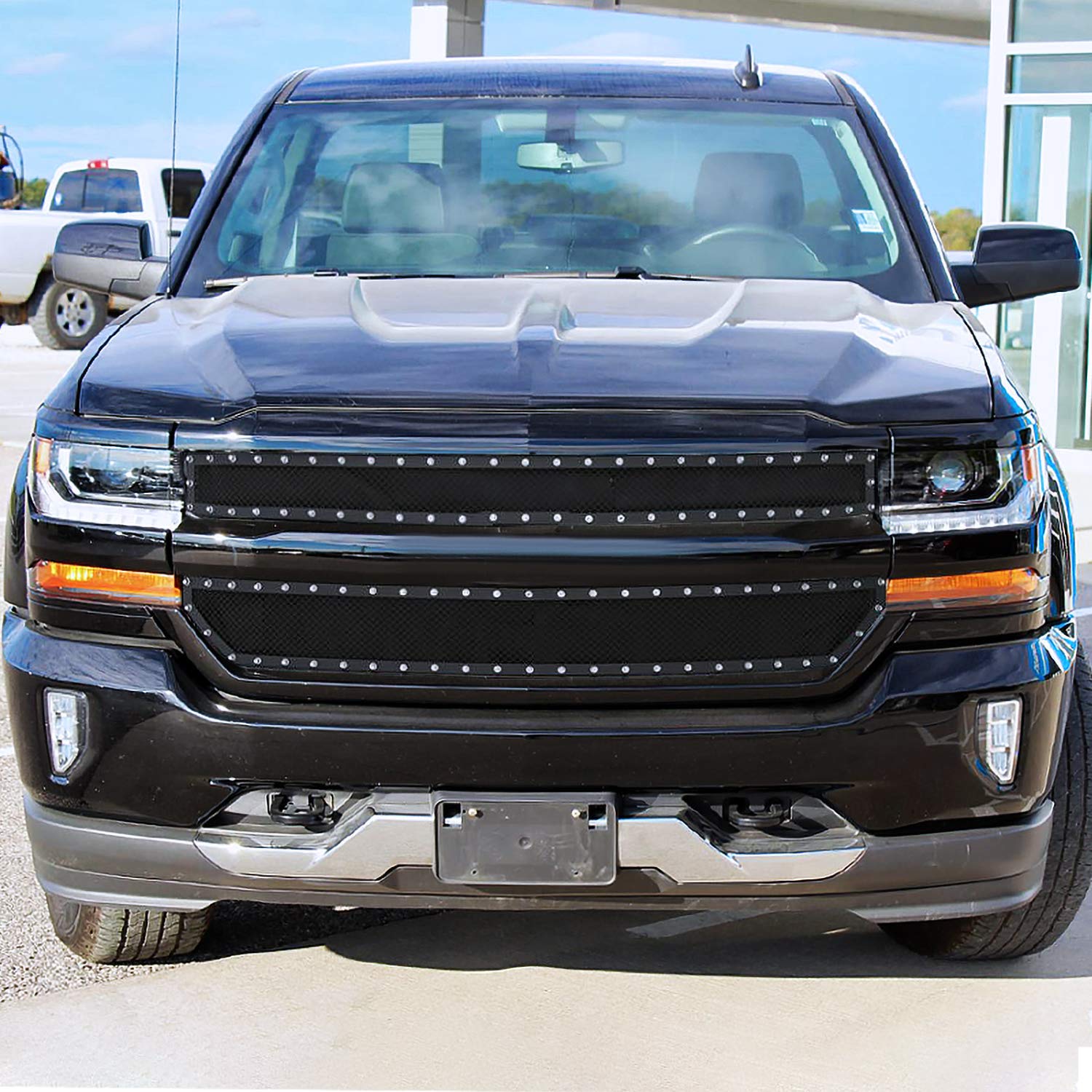 Spec-D Tuning Black Rivet Style Studded S/S Hood Grille Insert 2PCs Compatible with Chevy Silverado 1500 2016-2018