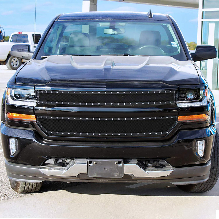 Spec-D Tuning Black Rivet Style Studded S/S Hood Grille Insert 2PCs Compatible with Chevy Silverado 1500 2016-2018