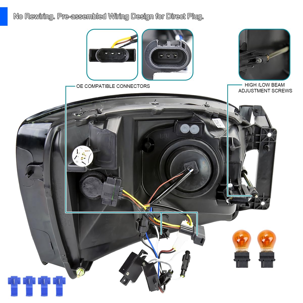 Black LED Tube Projector Headlights SPEC-D TUNING Compatible with 2006-2008 Dodge Ram 1500 2500 3500, Left + Right Pair Headlamps Assembly