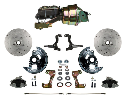 Power Front Disc Brake Conversion Kit LEED BRAKES Cross Drilled And Slotted Rotors With 7" Dual Zinc Booster Cast Iron M/C Disc/Drum Side Mount