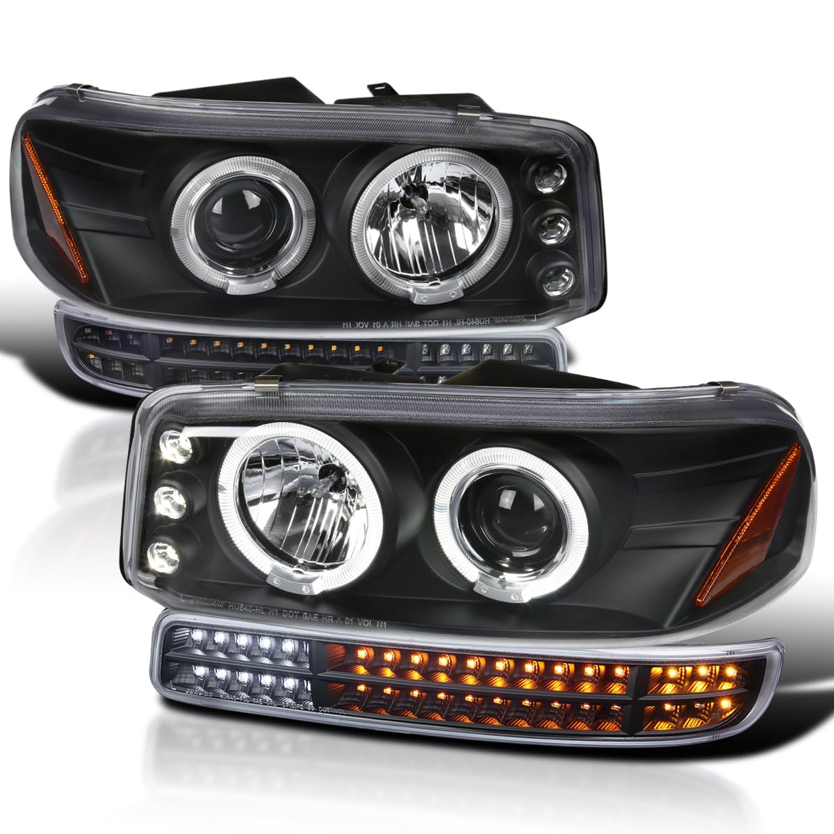 Black LED Halo Projector Headlights + Sequential LED Bumper Lights SPEC-D TUNING Compatible with 1999-2006 GMC Sierra 1500/2500/3500, Left + Right Pair Headlamps Assembly