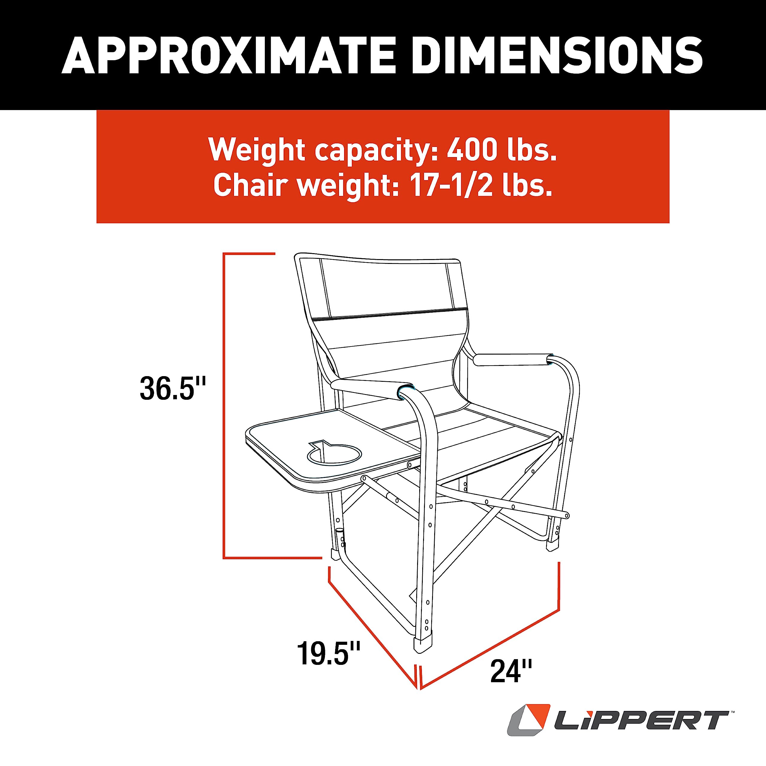 Lippert Components Director Chair Scout Plus with Side Table for Camping, Foldable, Steel Tube Frame, 600D Polyester, UV and Water Resistant PVC Coating, 400 lb. Weight Capacity, Sand - 2021123282