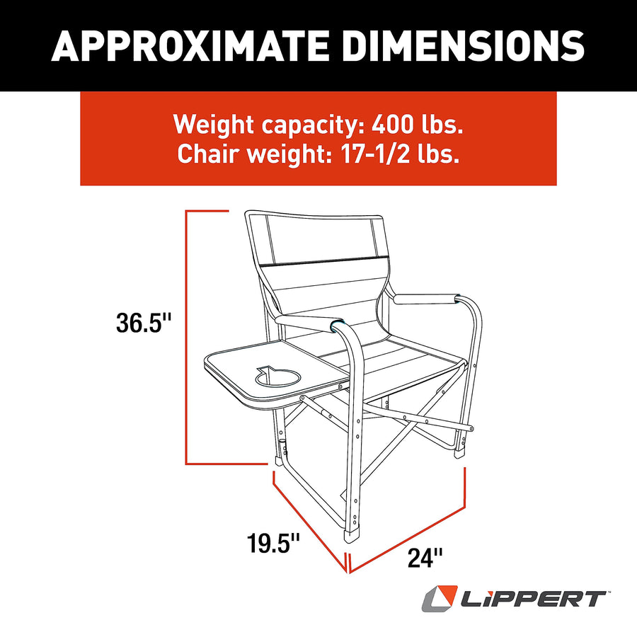 Lippert Components Director Chair Scout Plus with Side Table for Camping, Foldable, Steel Tube Frame, 600D Polyester, UV and Water Resistant PVC Coating, 400 lb. Weight Capacity, Sand - 2021123282