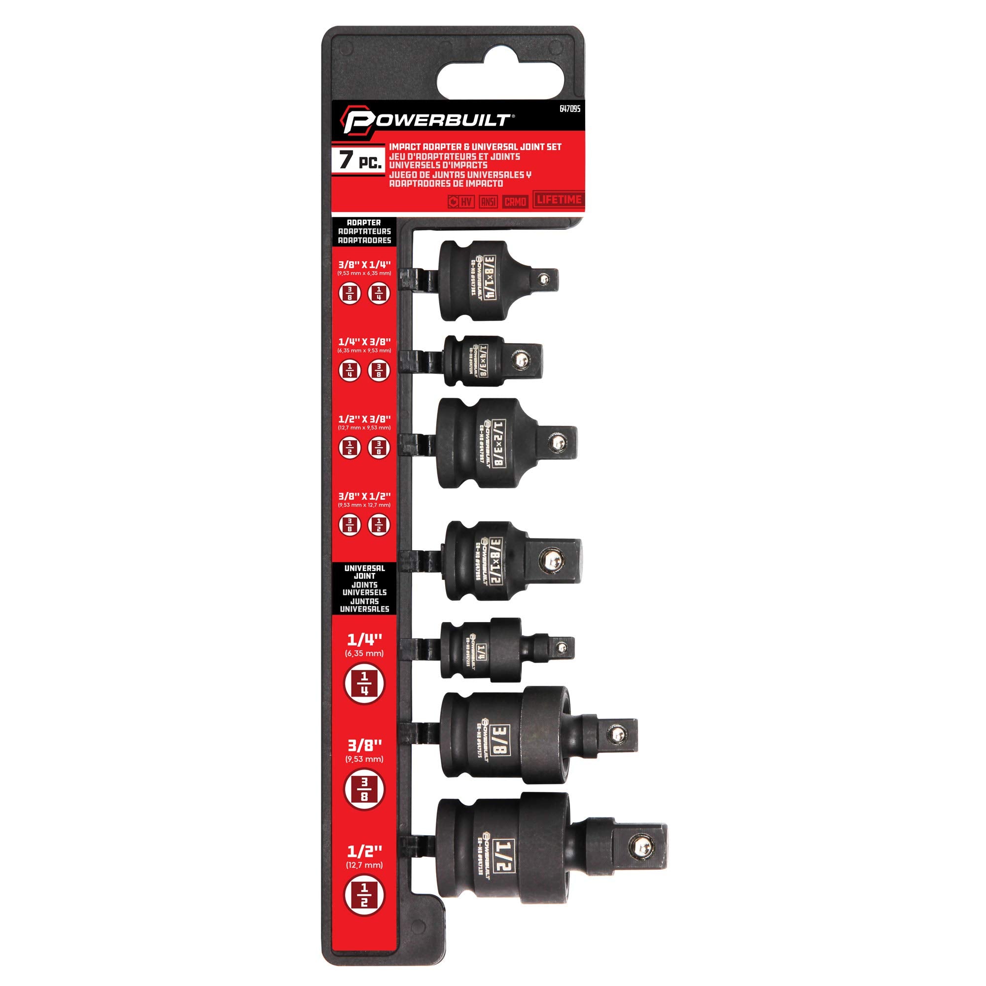 Powerbuilt 7 Piece Universal Joint and Adapter Set, Impact Socket 1/4" 3/8" 1/2" Drive, 4 Piece Adapters and 3 Piece Flexible Socket Swivel U-Joint, Chrome-Moly made - 647095