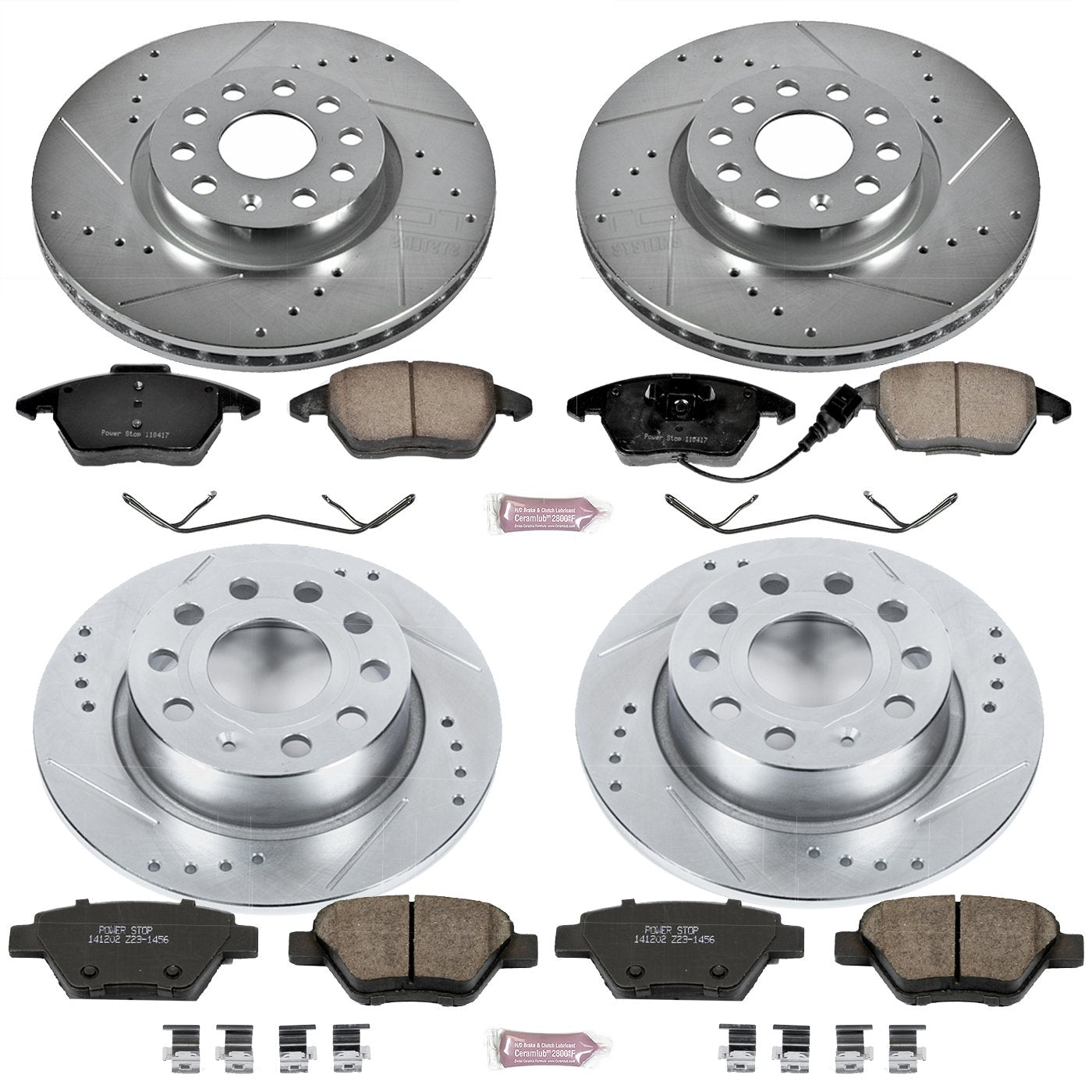 Power Stop K7280 Z23 Carbon Fiber Brake Pads with Front and Rear Drilled & Slotted Brake Rotors Kit